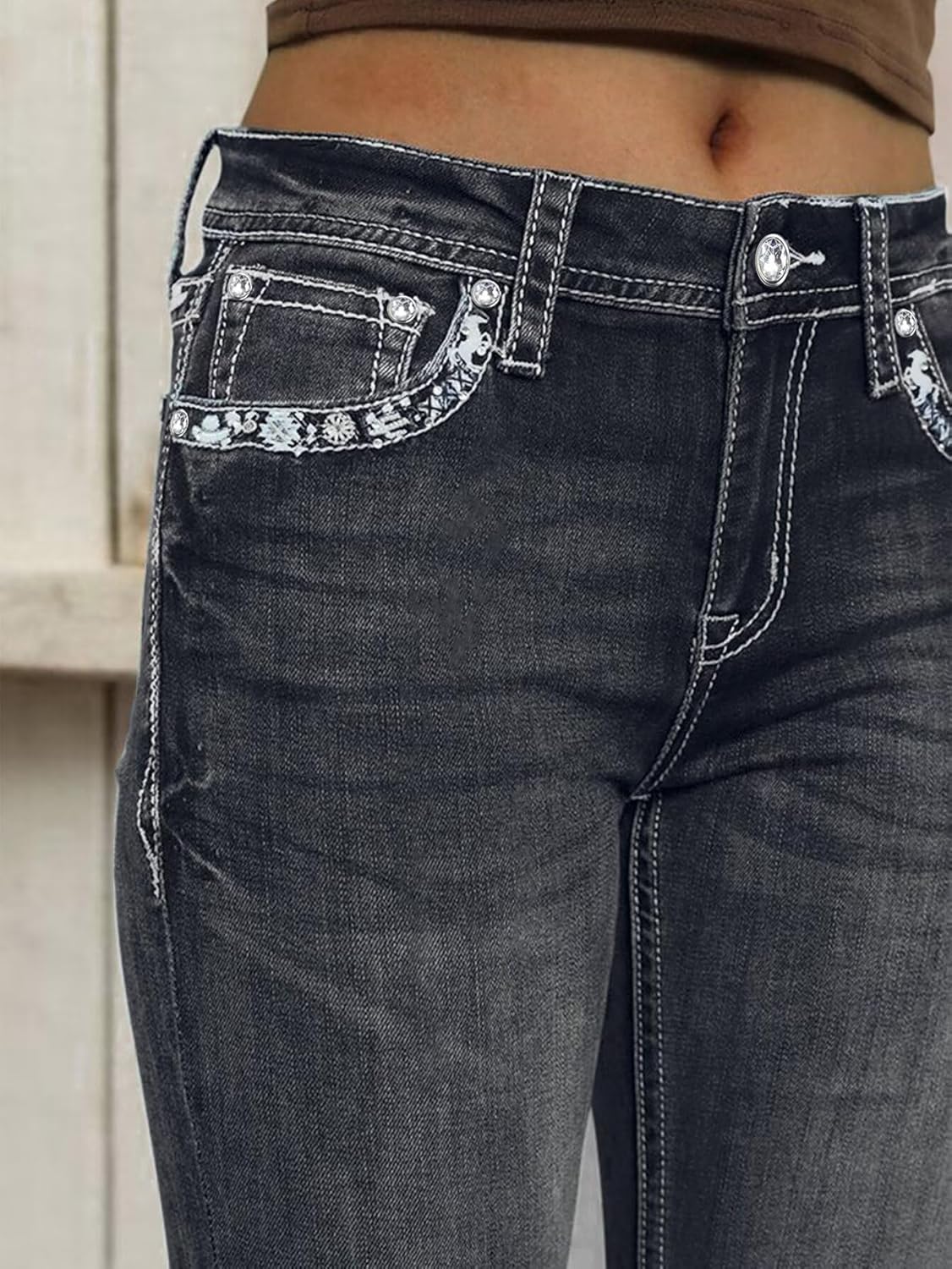 Flamingals Embroidered Bootcut Jeans for Women Mid Rise Stretchy Criss Cross Graphic Curvy Bell Bottom Jeans - Image 4