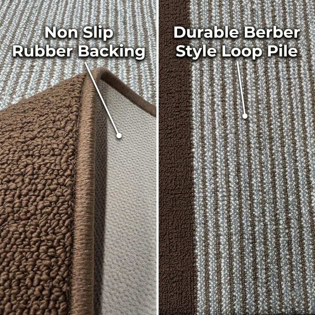 4 ft Kitchen Rug Runner Non Slip, Washable Brown Striped Laundry Room Mat, Rubber Backed Medium Profile Carpet for Sink Area (26 Inch x 4 ft)