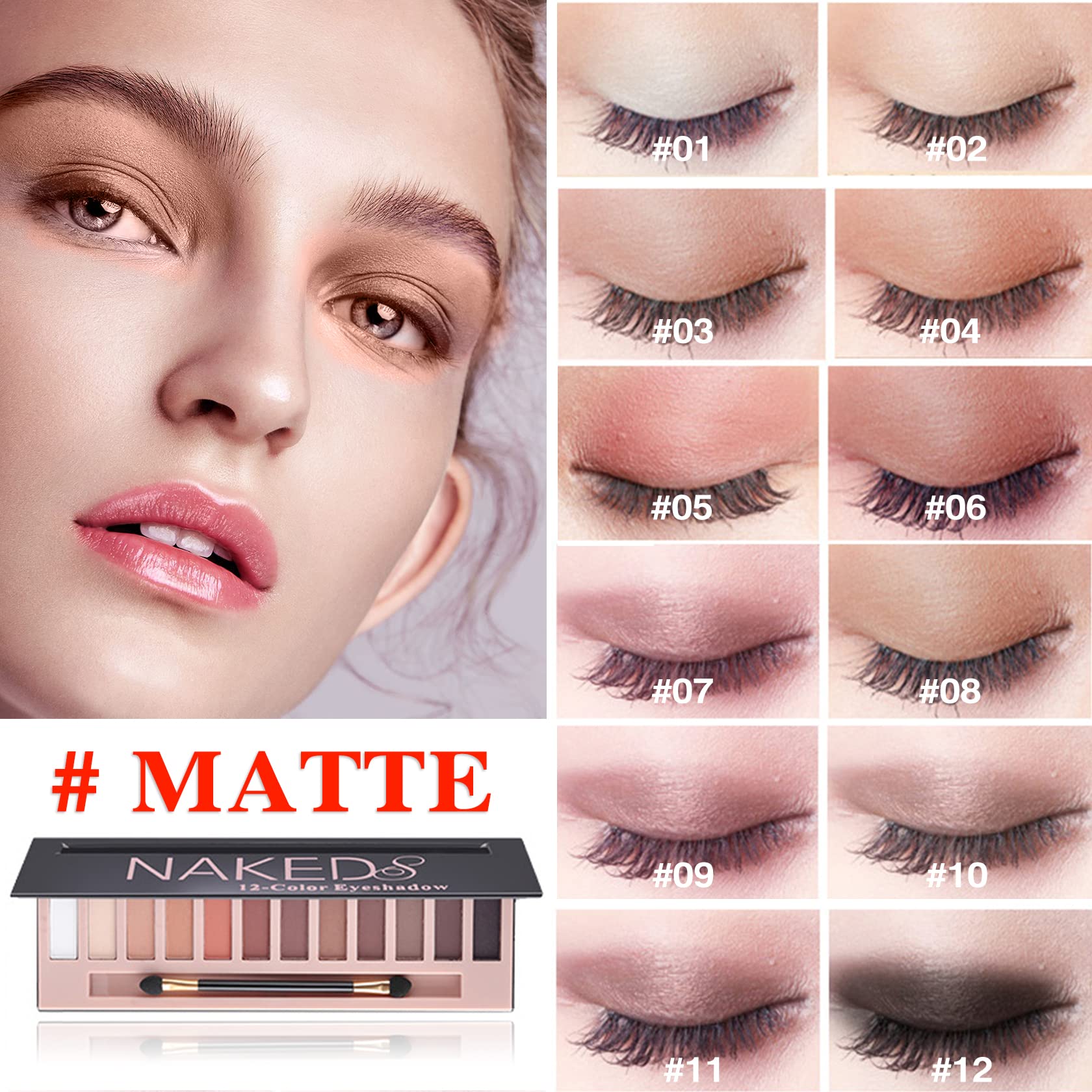 12 Nude-Lidschatten-Palette, matt, schimmernd, nackte Lidschatten-Palette, natürlicher Blitz, wasserfest, langlebig, professionelle Make-up-Palette mit Pinsel (matt)