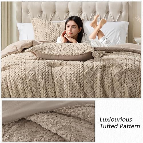 Miniatura 5 de satisomnia Juego de edredón Queen  Juego de edredón de forro polar beige tamaño Queen y matrimonial, edredón cálido y esponjoso de 3 piezas, juego