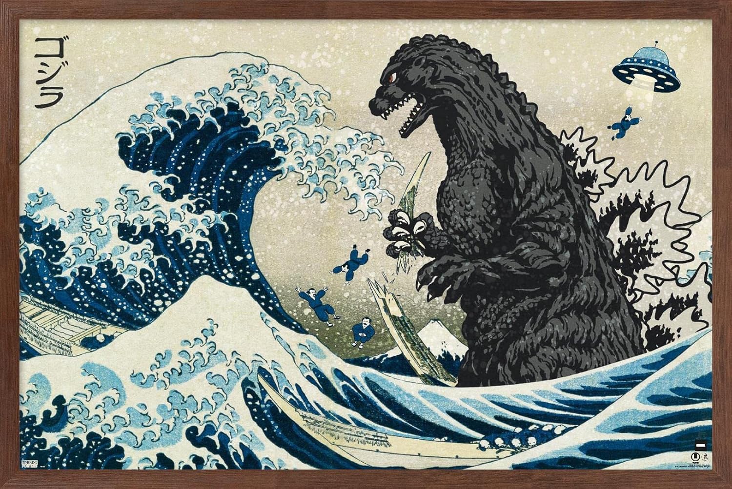 Trends International Godzilla - Great Wave Wall Poster, 34L x 22.4W, Mahogany Framed Version
