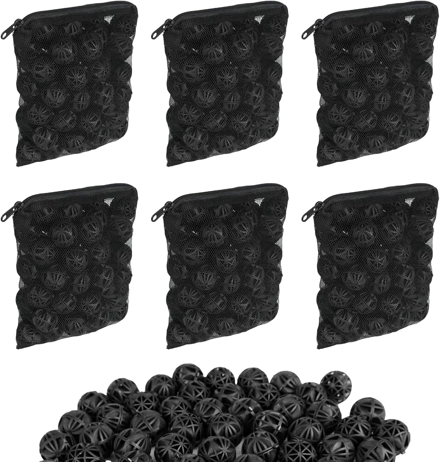 600 Pcs Bio Filter Balls with 6 Pieces Filter Media Bags Mesh Bags with Zipper 1.02 Inch Black Internal Bioballs Filter Media for Pond Fish Tank Aquarium