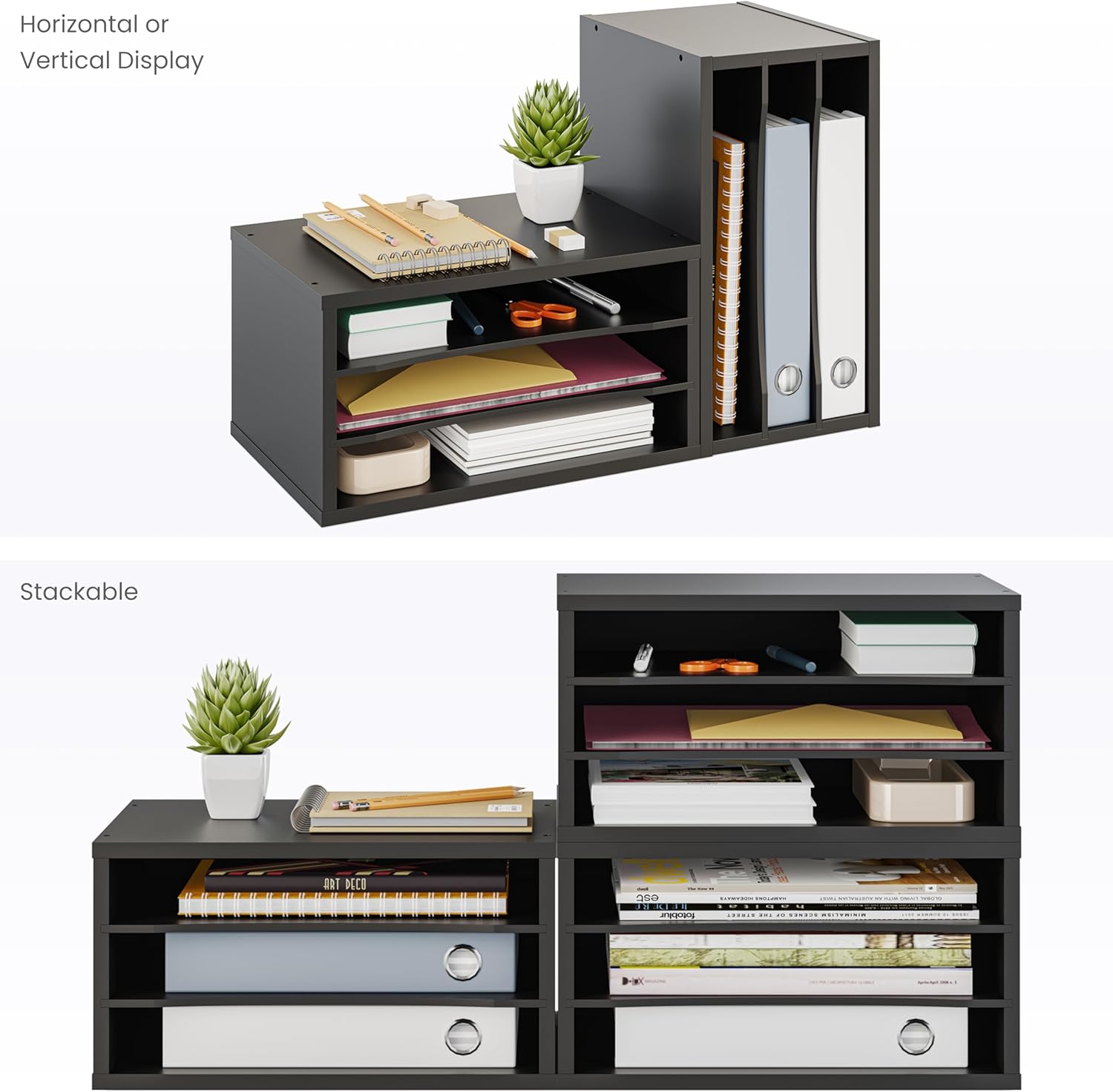 Ballucci Paper Organizer, 3-Tier Stackable Wood Desk Organizer, Document File Organizer and Mail Sorter with Adjustable Storage Shelves, Black