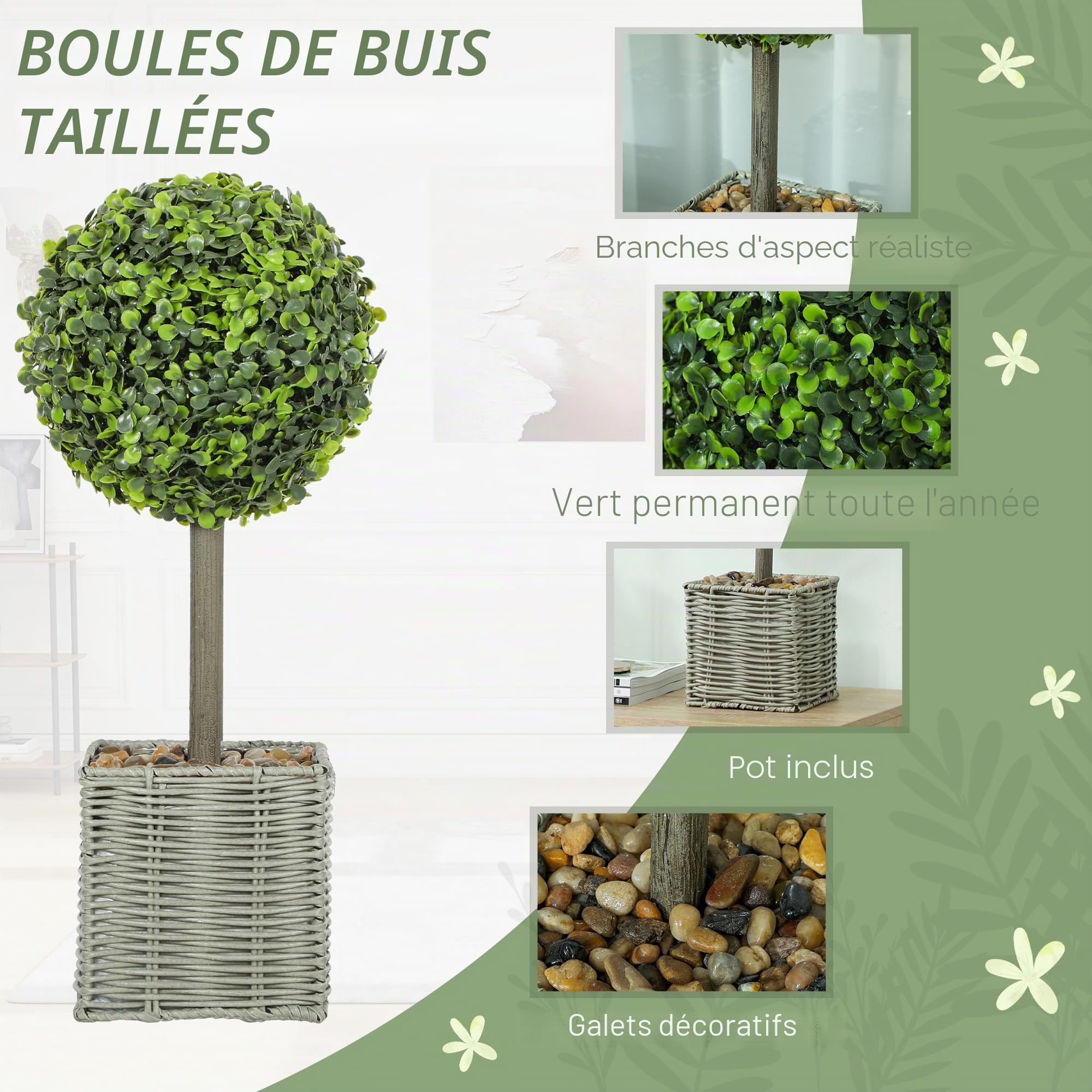 HOMCOM Lot de 2 Boules de buis artificielles 50cm avec Galets décoratifs