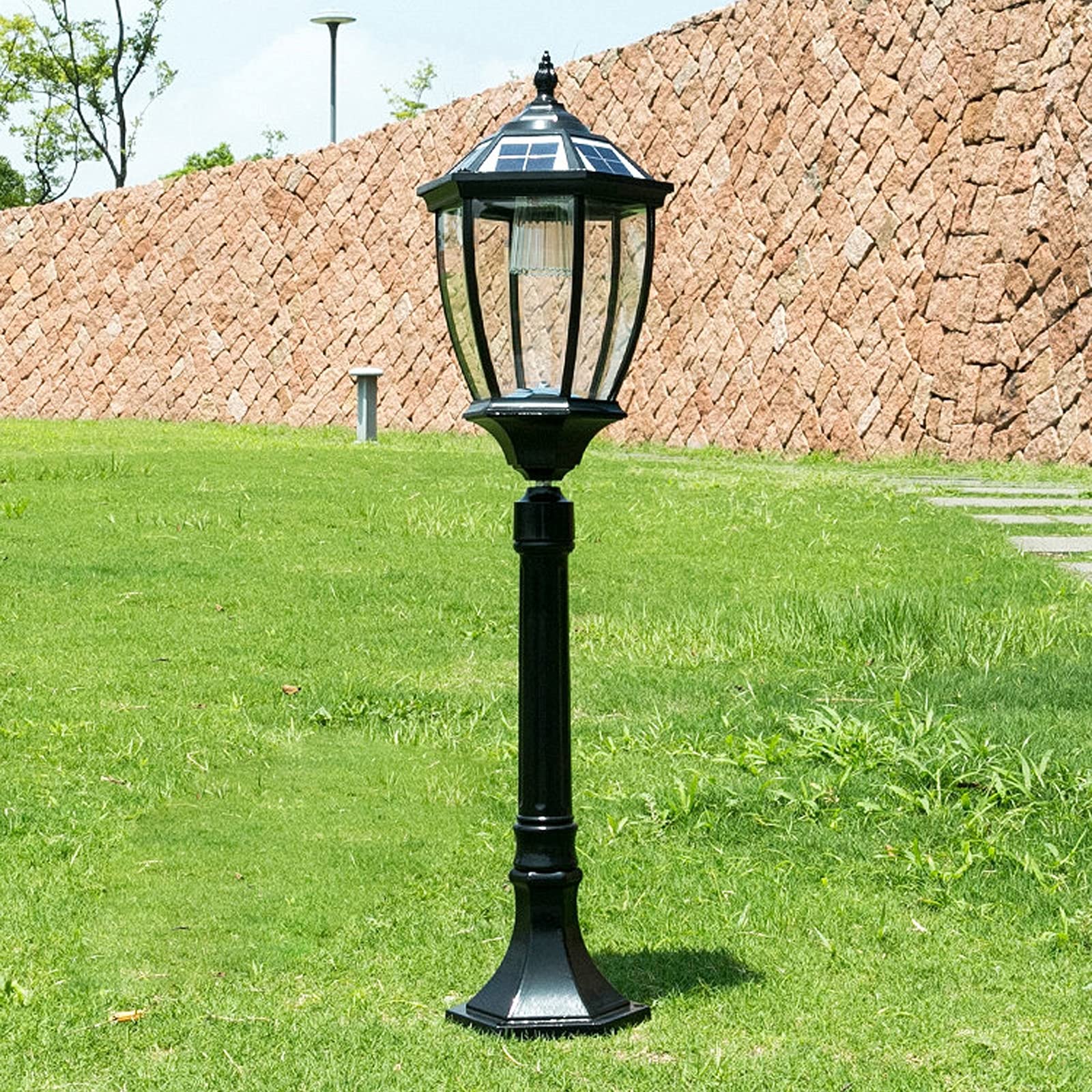 Latarnia ogrodowa w stylu vintage, z pilotem zdalnego sterowania i czujnikiem zmierzchu, IP65, aluminiowa, lampa ogrodowa, na taras, chodniki, wysokość 80 cm, czarna
