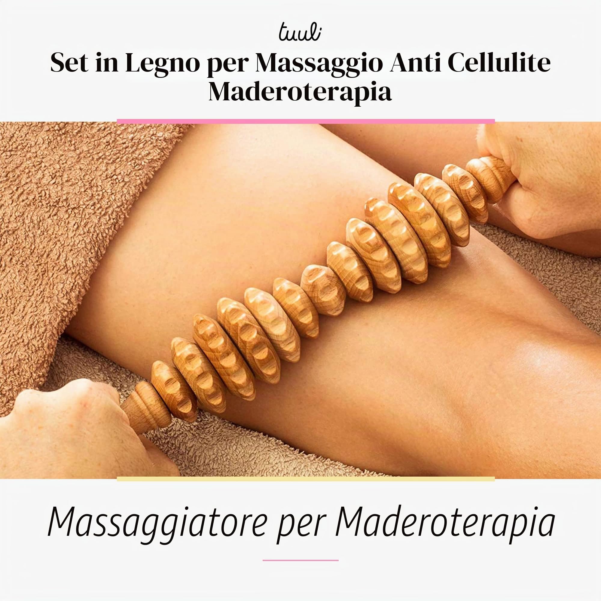 Tuuli Accessories Maderoterapia Set Massaggio Anticellulite Massaggiatore Drenaggio Linfatico Rullo Legno