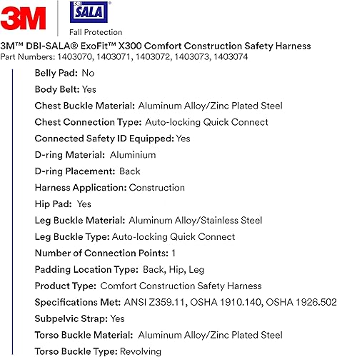 Miniatura 3 de 3M 1403074 DBI-SALA ExoFit X300 Arnés de seguridad de construcción cómodo, protección contra caídas, OSHA, ANSI, anillo en D trasero de aluminio