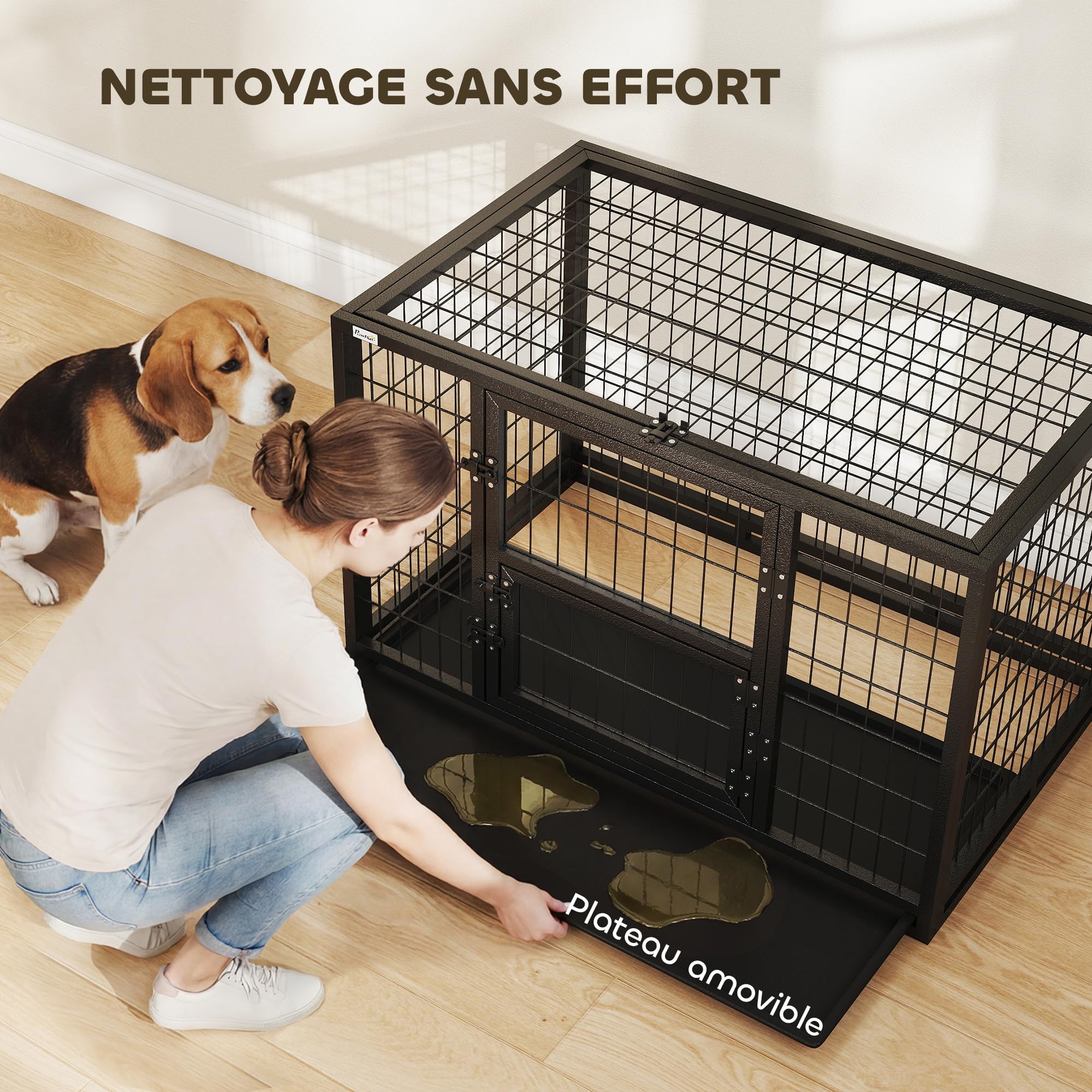 PawHut - Jaula para perro resistente de acero con tubos cuadrados, para interior con techo corredizo y puerta de alimentación, jaula de metal, 94 x 60 x 64 cm, para border Collie y perro mediano