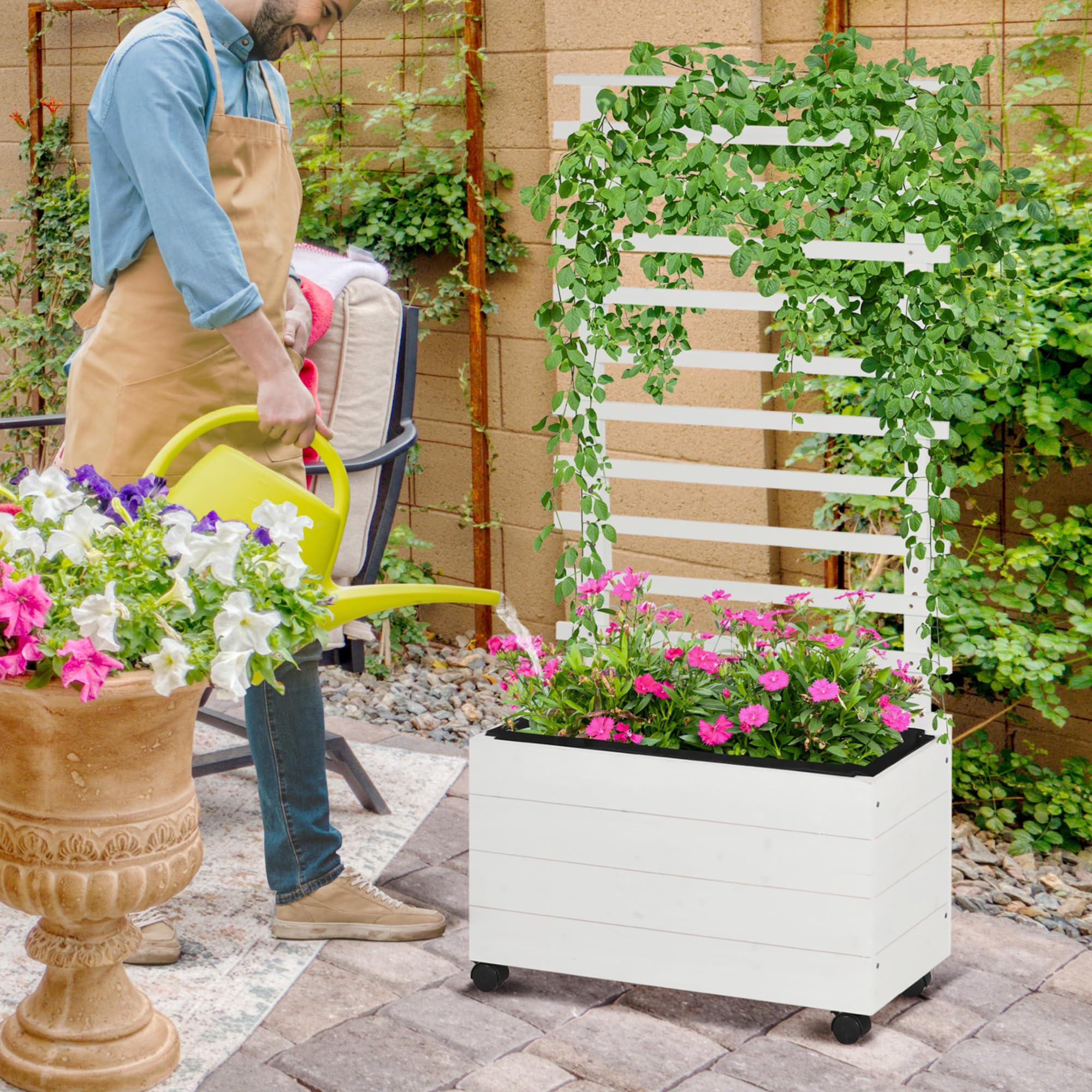 Outsunny Jardinera con Enrejado de Madera Macetero de Jardín con 4 Ruedas Soporte para Trepadora y Tela no Tejida para Cultivos Plantas Verduras en Exterior 76x30x155 cm Blanco