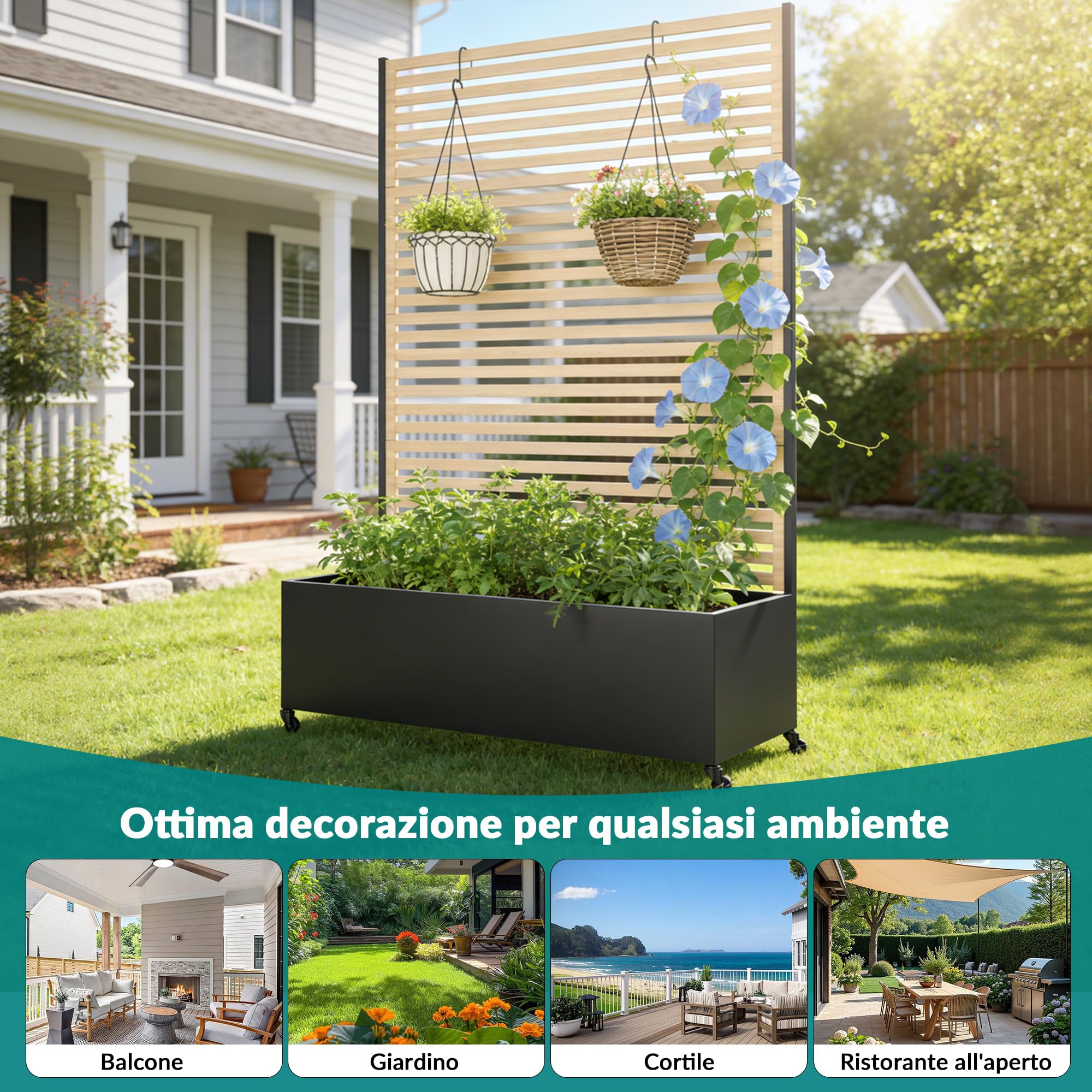 Fioriera da esterno in metallo con traliccio, aiuola rialzata in metallo con ruote, fioriera da esterno indipendente con schermo per la privacy, per fiori, verdure in giardino, patio, balcone