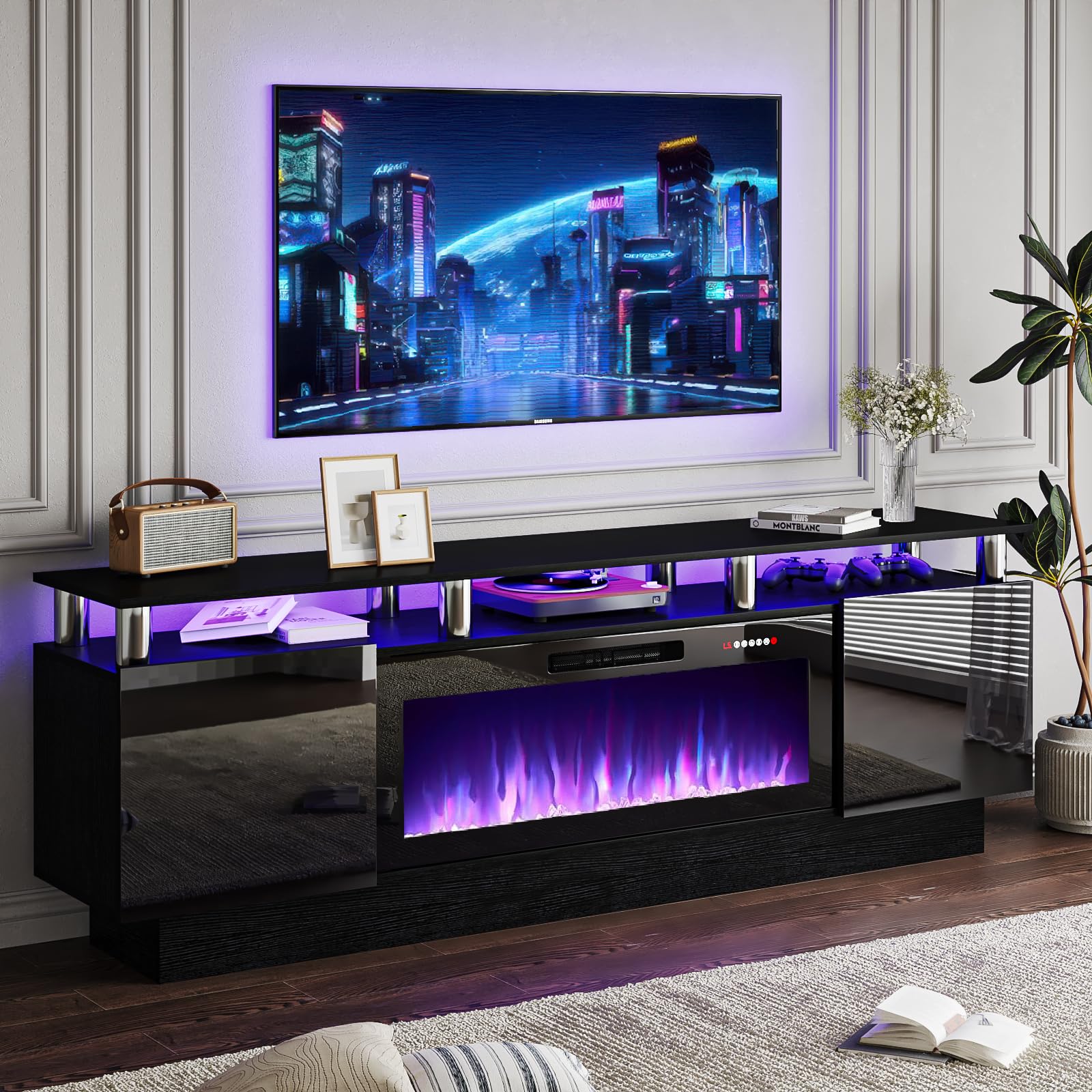PRETZI 70" Modern Fireplace TV Stand with 36" Electric Fireplace for TVs Up to 80 inch, Luxury LED Light Entertainment Center with High Gloss Cabinet,