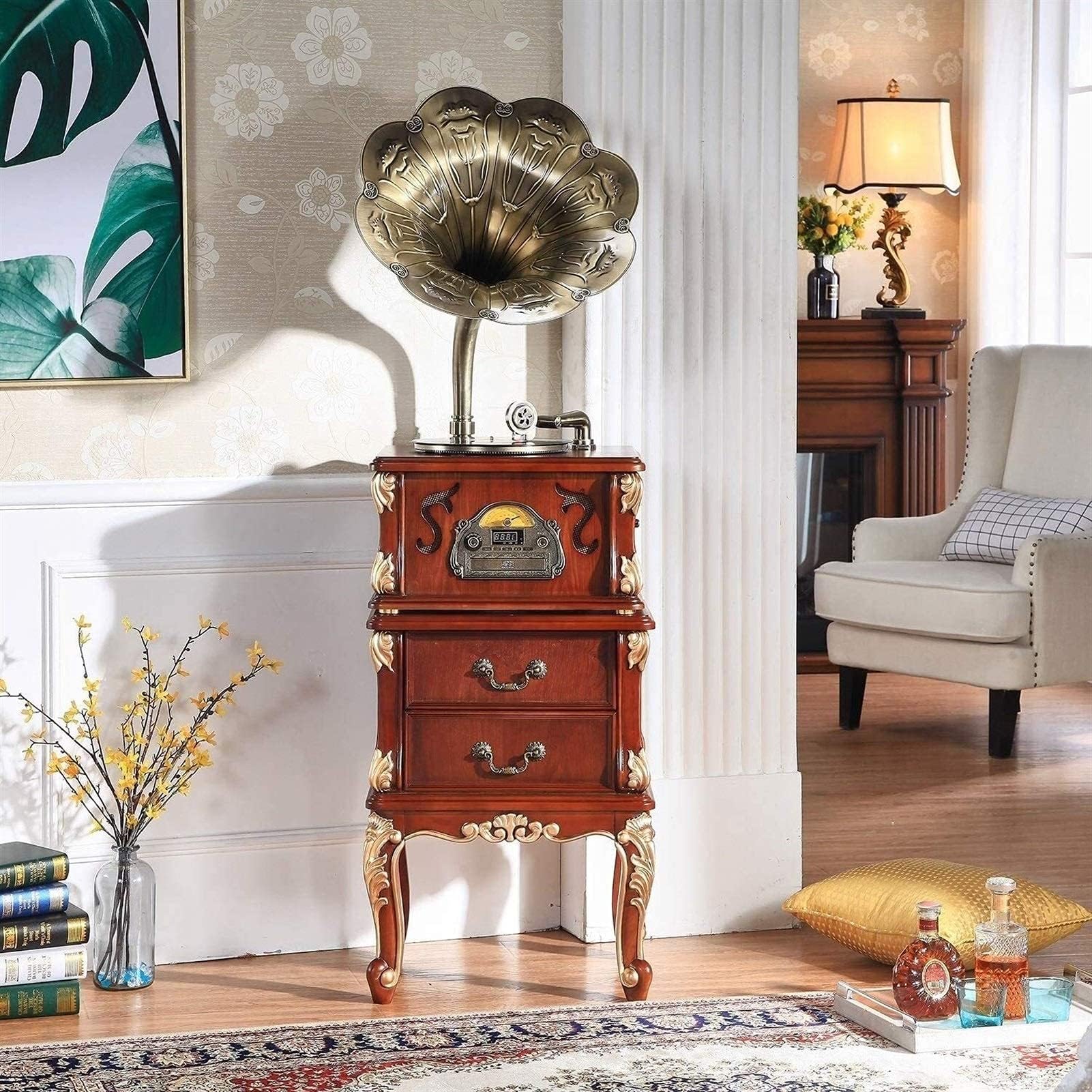 Hi-Fi&Home Bronze Vintage Classic Retro Antique Phonograph Gramophone Turntable Vinyl Record Player Stereo Speakers Home Decoration System Control