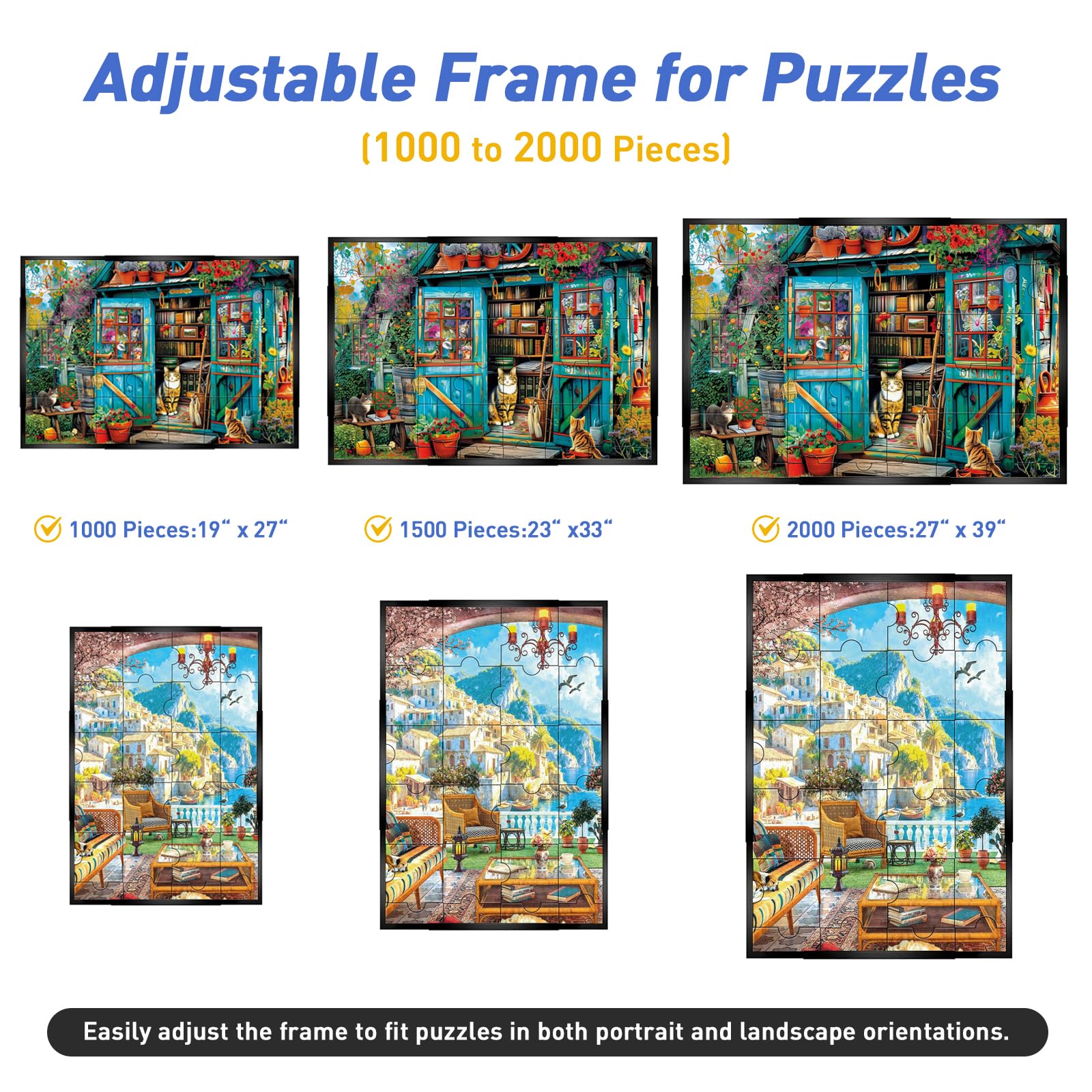 Cadre de puzzle réglable pour 1000/1500/2000 pièces, cadre photo mural, présentation horizontale et verticale, avec 10 films de protection pour puzzle, cadre noir pour décoration intérieure