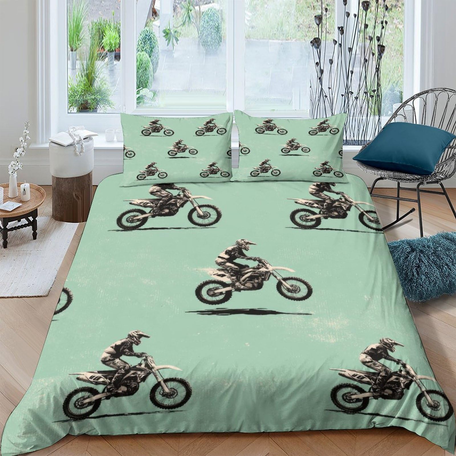 GPLZQXKJNH 3D Printed Motocross Rider Duvet Cover Microfiber Green Quilt Cover with 2 Pillowcases for Bedroom Decor Single（135x200cm）
