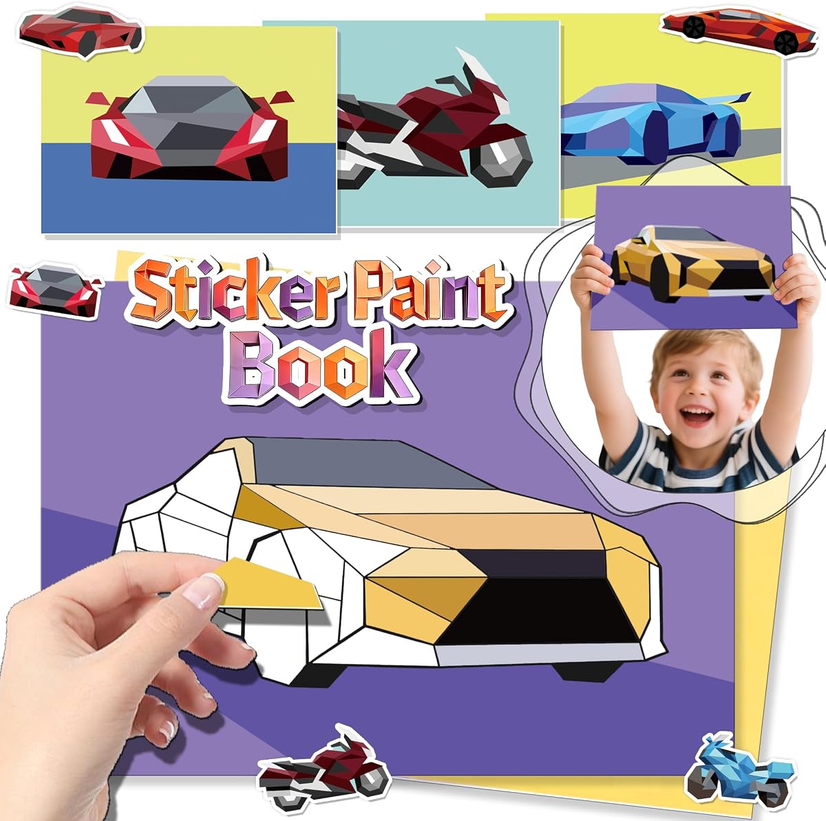 Large Sticker Paint Book—Create 8 Vehicle Pictures, Waterproof, Perforated for Easy Tearing Stickers, Sticker by Number Kids 3-5, Stickers Paint Books for Kids Ages 4-8