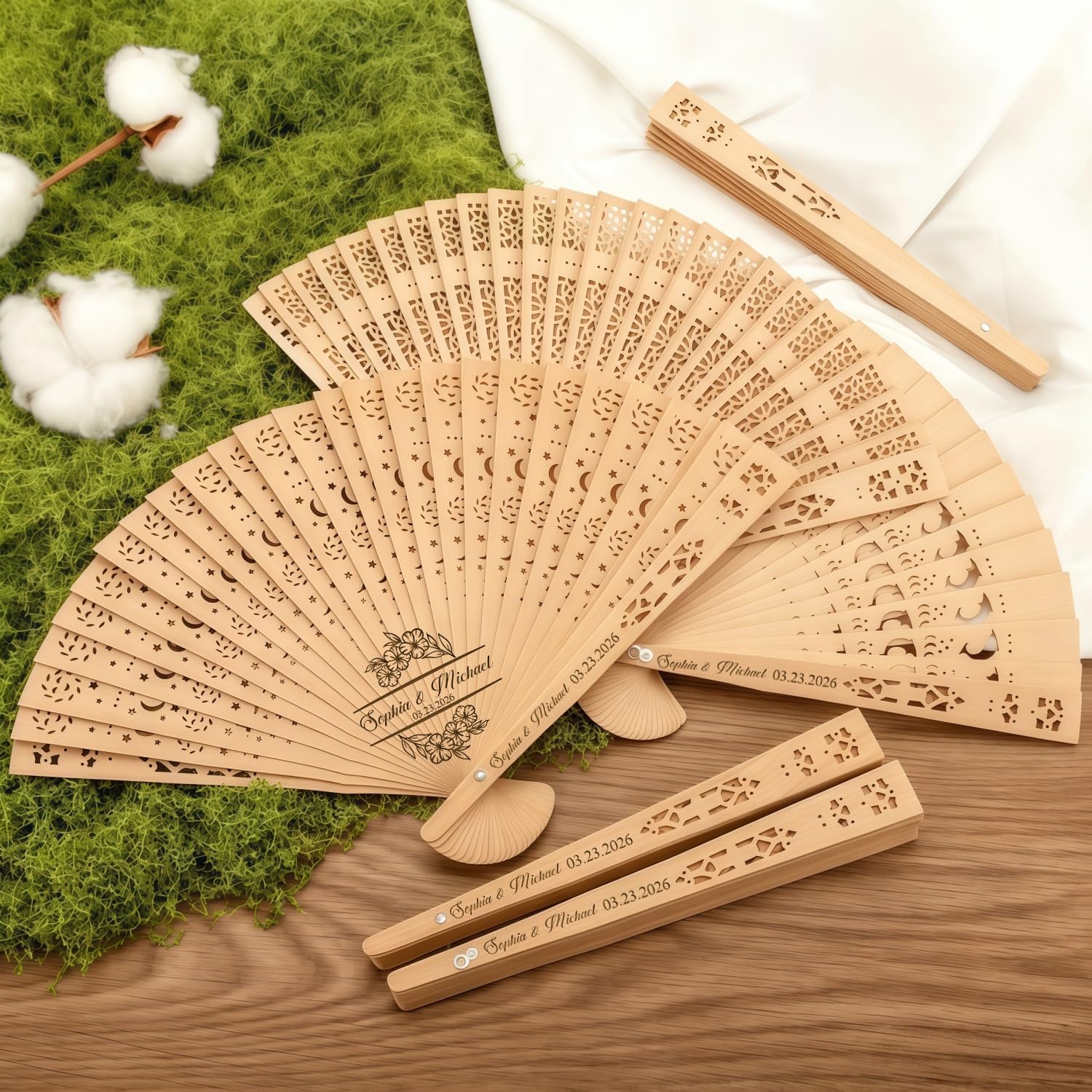 BFBZYME Custom Name Wooden Folding Hand Fan, Personalized Hollow Carved Pocket Natural Wood Fan for Summer Wedding Favors, Bridal Party Proposal Gift(80PCS)