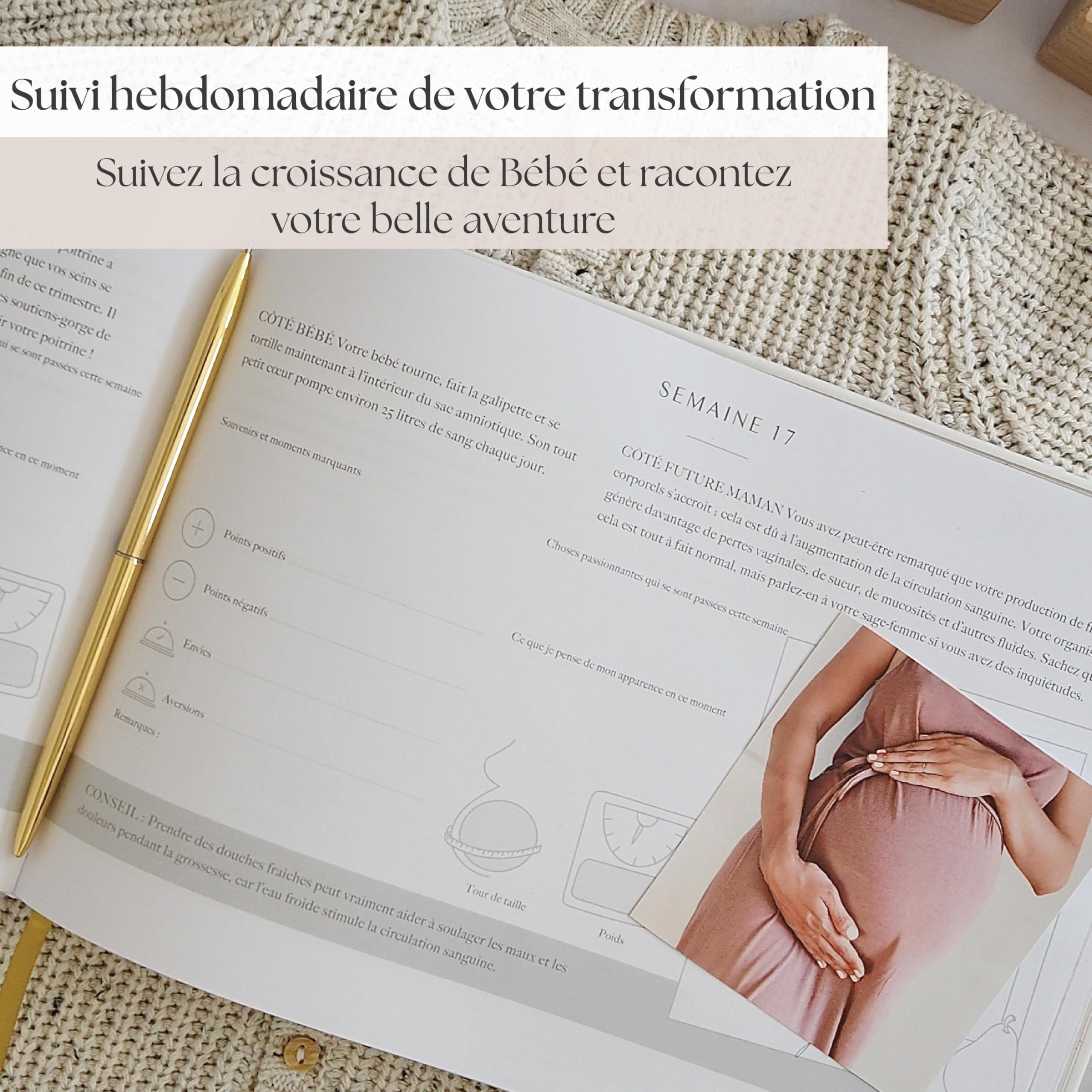 Journal de Grossesse de Luxe pour Futures Mamans - Carnet avec Calendrier, Scrapbook, Check-list, Organisateur et Livre de Naissance (Doré)