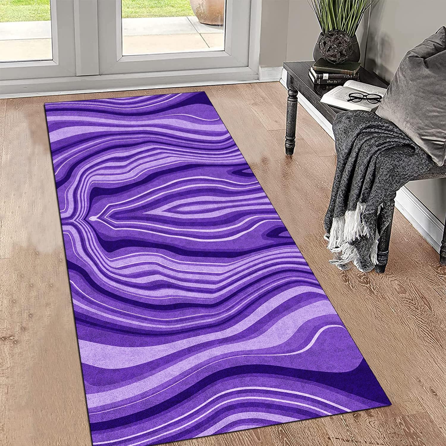Teppich Läufer Flur Meterware Abstrakt Teppichmatten 80x200CM Lila Kücheläufer rutschfest Lang Teppichläufer Waschbar Kurzflor Polyester Korridor Schlafzimmer, Anpassbar Breite 40-120cm