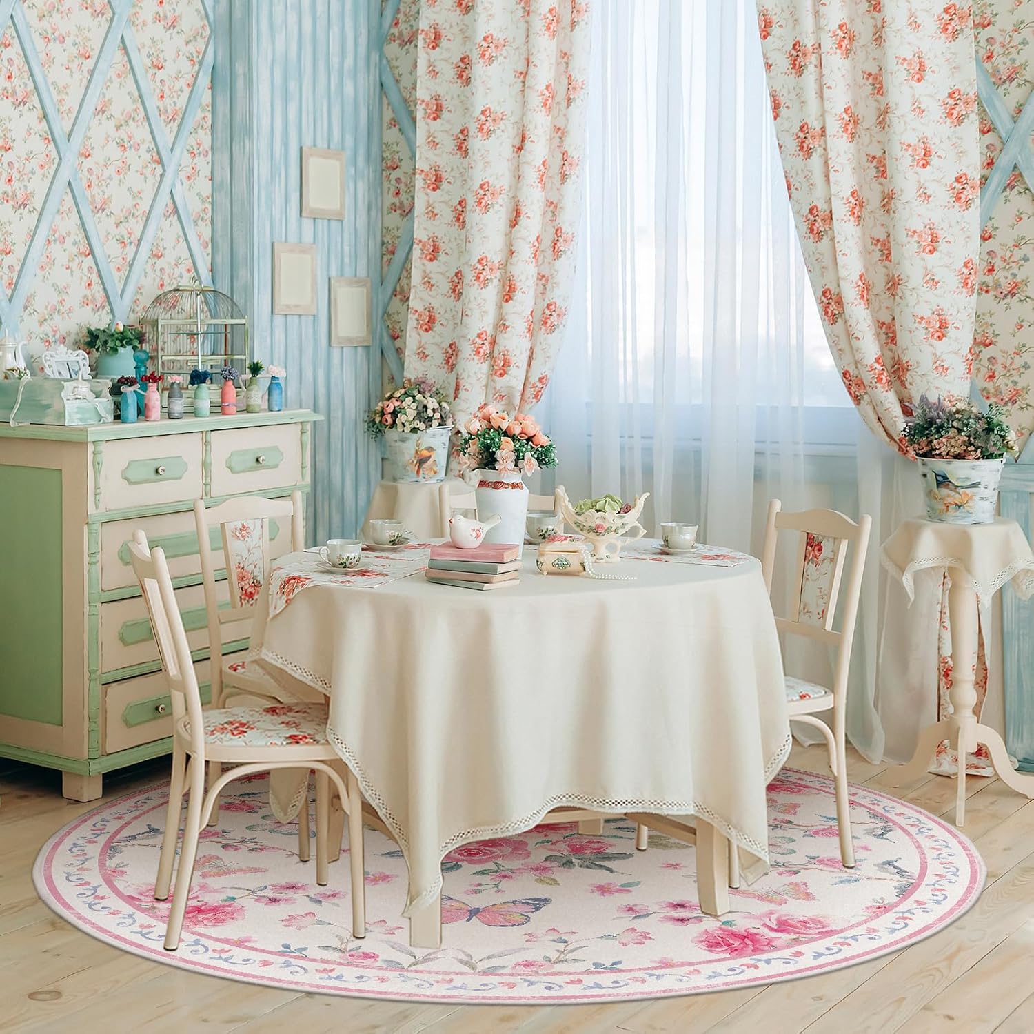 4' Machine Washable Round Area Rug, Non-Slip Vintage Pink Floral Circle Floor Rugs for Kids, Low Pile Room Carpet for Living Room, Bedroom, Dining Room & Nursery(4' Pink Floral 2)