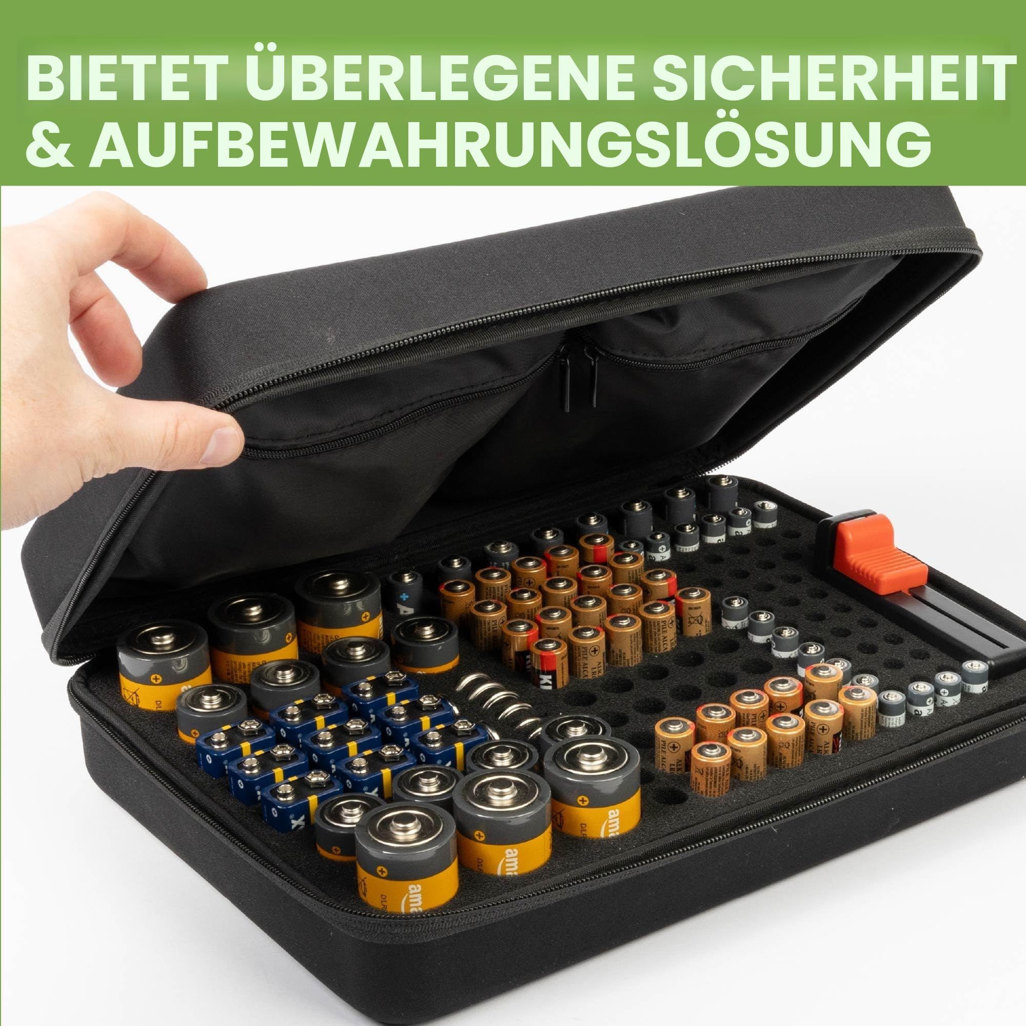 BLOSTM Batterie Organizer mit Batterietester - Batterie Aufbewahrungsbox für 140 Batterien AAA, AA, 9V, C, D, Knopfzelle, Batterie Box Aufbewahrung (Batterien Nicht Enthalten)