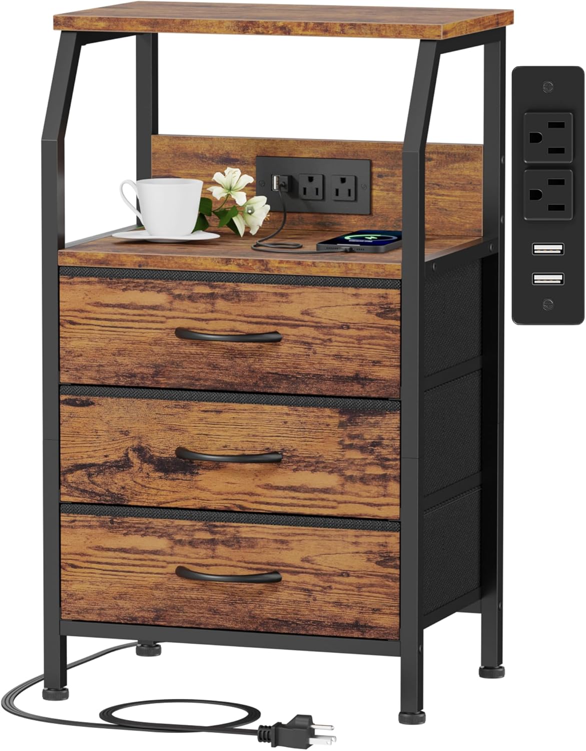 Furnulem Night Stand with Charging Station, USB Ports and Outlets, 28.3 Inch Tall Bedside Table with Wood Shelf, 3 Fabric Drawers Side Table for Bedroom, 3 Ways to Use, Rustic Brown 3 Drawer Rustic Brown 1