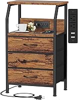 Furnulem 28.3" Nightstand with Charging Station, 2 USB Ports & 2 Outlets, 3 Fabric Drawers, Wood Shelf - Rustic Brown Bedside Table