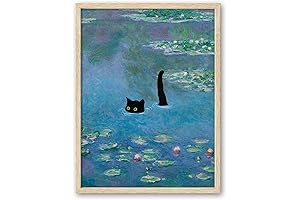 iHery Natural Oak Wood Framed Wall Art, Claude Monet Waterlily Funny Black Cat Artwork