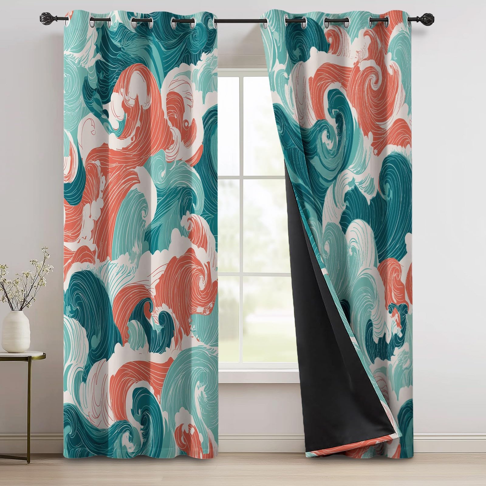 Generisch Natur Skandinavisch Vorhänge mit Ösen, Blau Blickdichte Vorhänge Wohnzimmer Schlafzimmer, Meer Wellen Wirbel Maschine Waschbar Fenster Verdunkelungsvorhänge, H215 x B110 cm 2 Stück