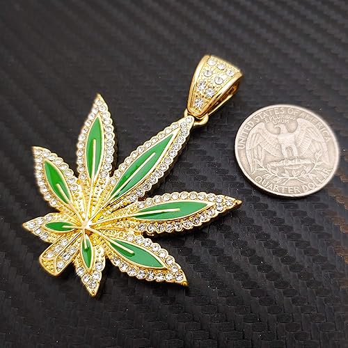 Miniatura 5 de Colgante de hoja de marihuana Hip Hop y collar de cadena de aleación de gargantilla cubana de 18 pulgadas con cerradura de caja helada, chapado en