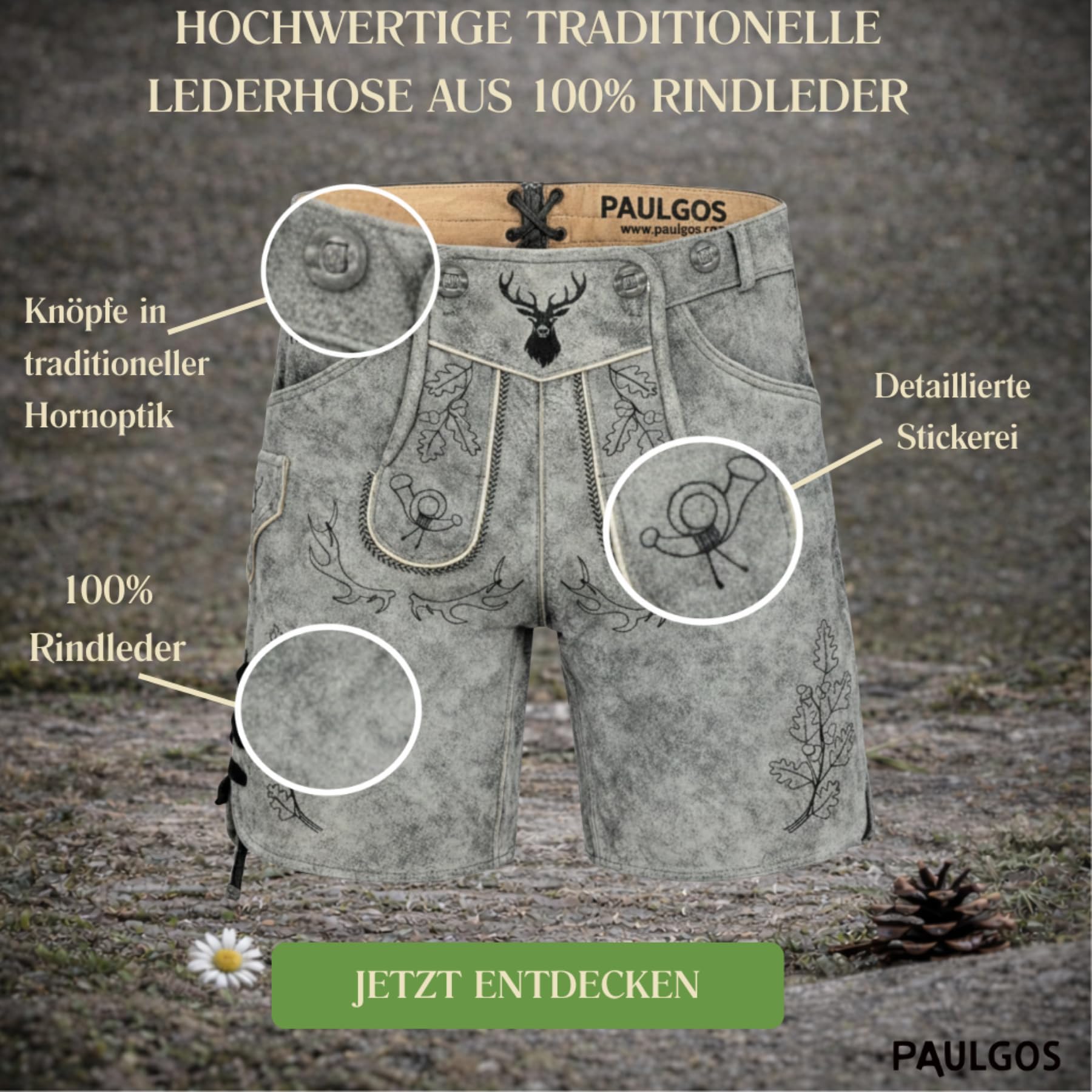 PAULGOS Herren Trachten Lederhose HK5-ANTIK+ Träger, Echtes Leder, Gr. 44-60