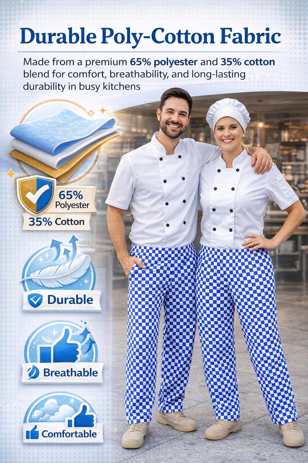 IBEX Pantalon de chef pour homme et femme - Pantalon de chef unisexe avec cordon de serrage - Pantalon de cuisine professionnel léger en polycoton (XS-5XL)