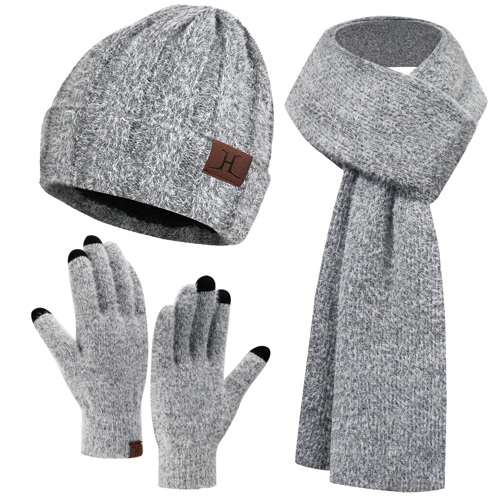 FZ FANTASTIC ZONEWomens Winter Warm Knit Beanie Hat Touchscreen Gloves Long Neck Scarf Set with Fleece Lined Skull Caps Gifts for Women Men Grey