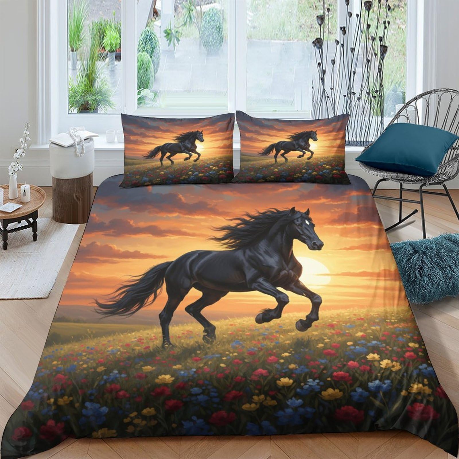 Ctjqhvkz Style-5 3D Printed Black Horse Sunset Fitted Sheet Microfiber Soft Breathable Wild Meadow Bed Cover For Bedroom Dorm Decor Single（135X200cm）