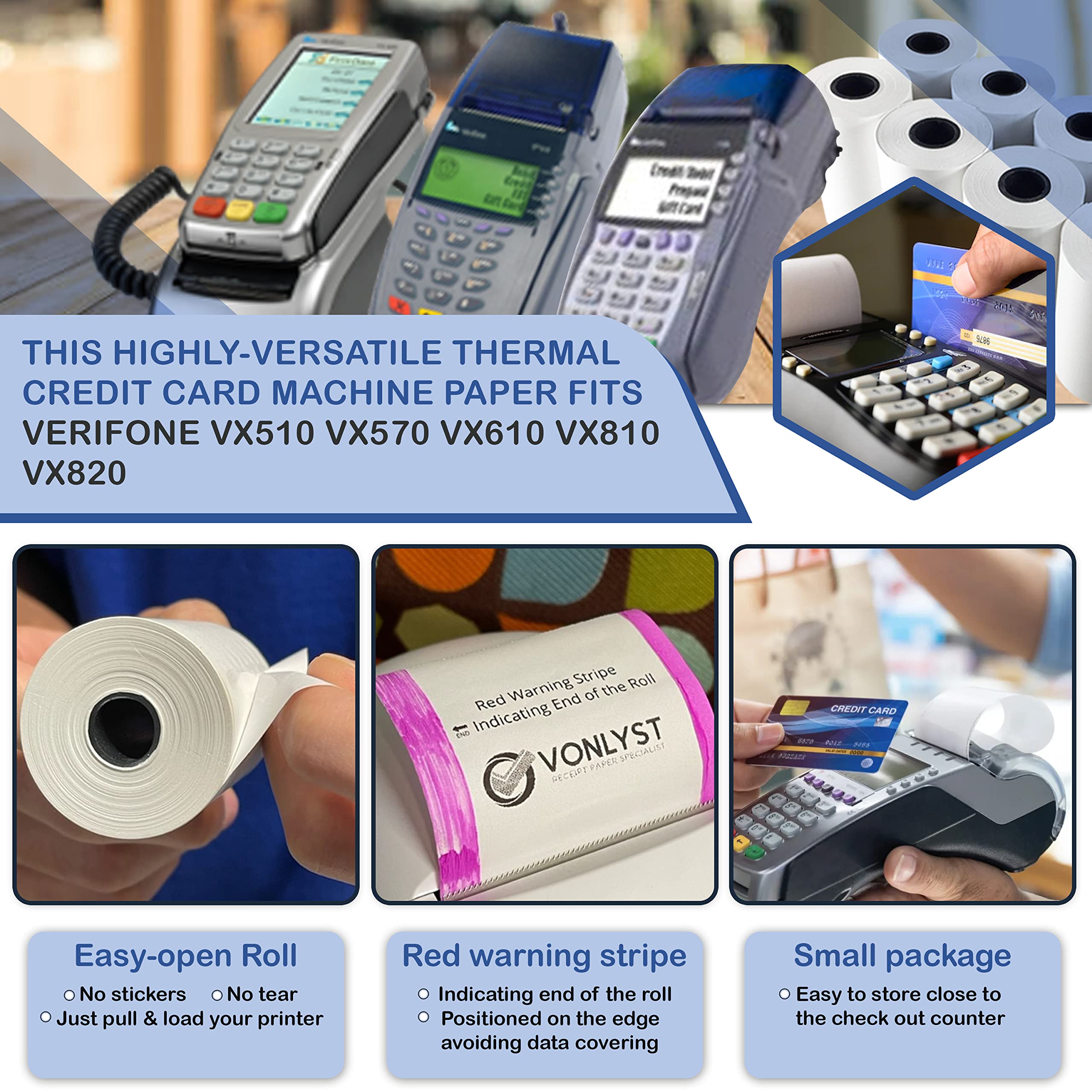 Vonlyst Receipt Paper Roll 2 1/4 X 80 Verifone Vx510 Vx570 Vx610 Vx810 Vx820 (30 rolls)