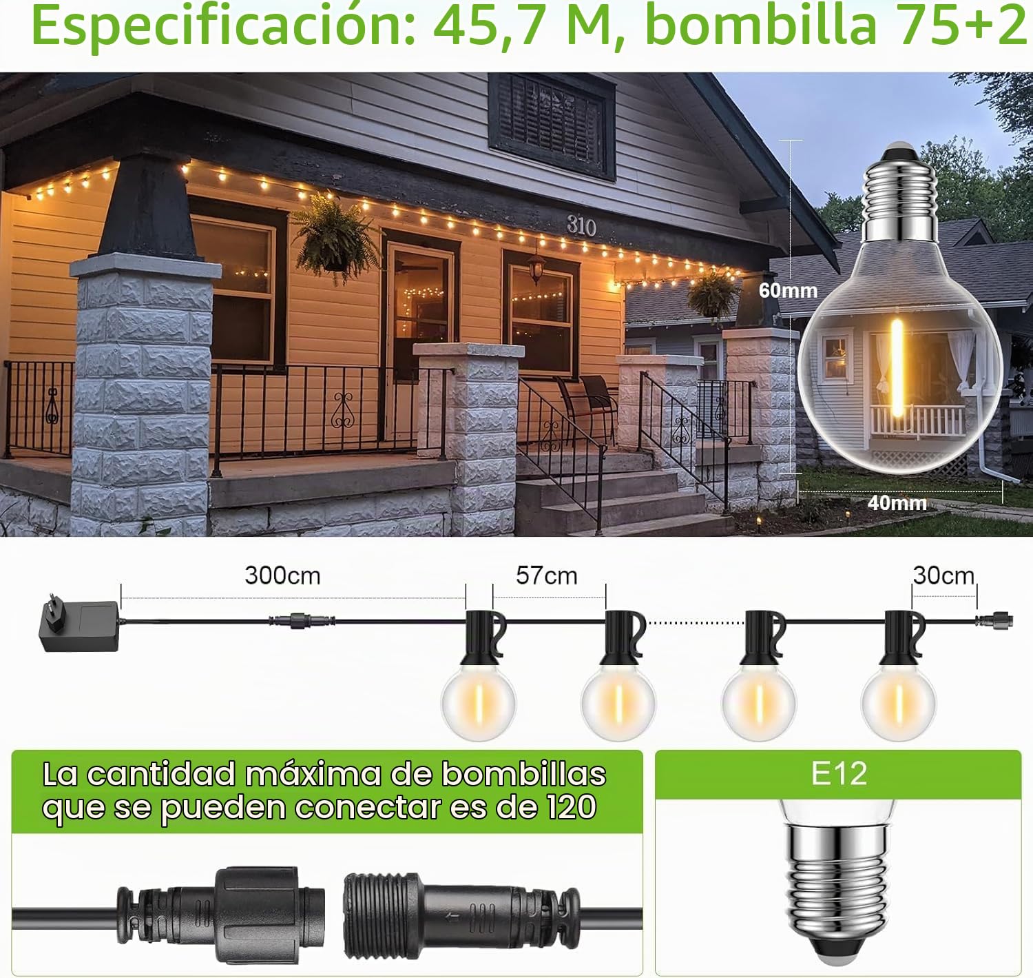 Luces Exterior Jardin 45,7M, Guirnalda Luces Exterior con 75+2 Bombillas, Impermeable Luce Jardin para Terraza, Café, Cobertizos, Bodas, Pérgolas