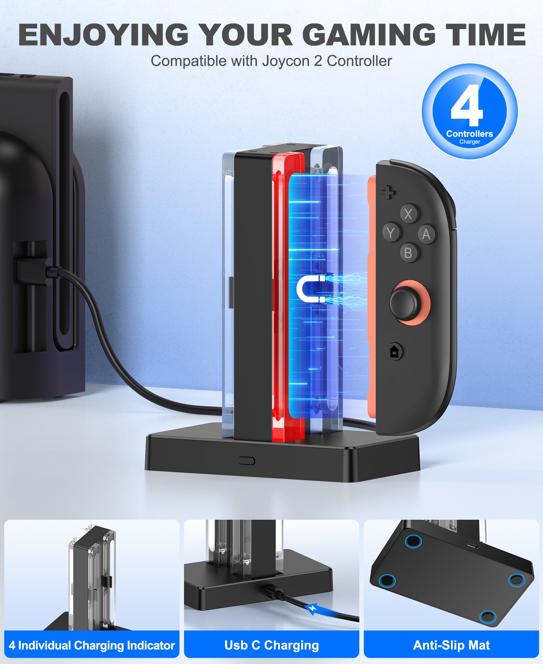 HELLCOOL Charging Dock for Nintendo Switch 2 Controllers-4-Port Joy Con 2025 Charger Station with Magnetic Design - Image 3