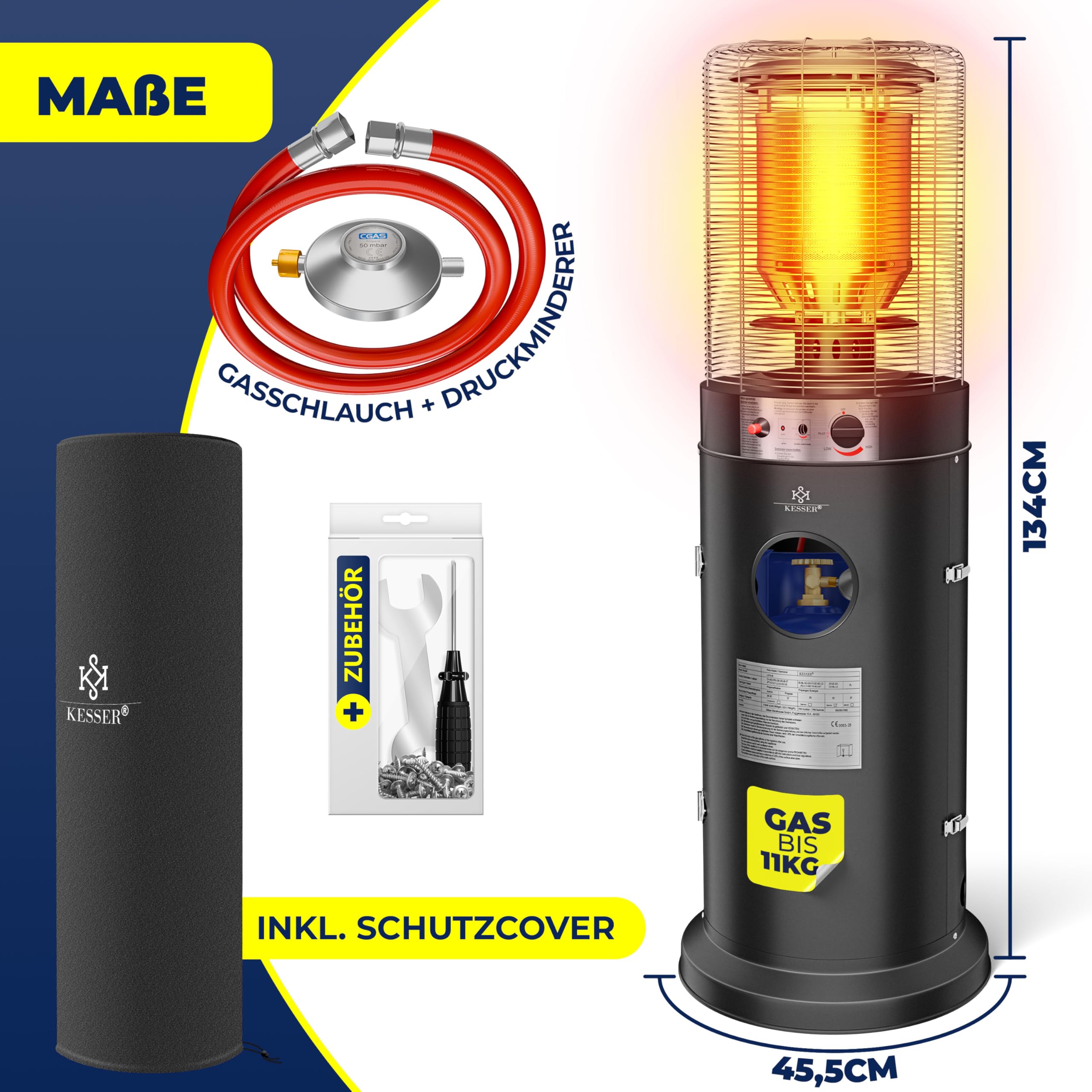 KESSER® Chauffage à gaz KE12 | Chauffage de terrasse | Radiateur extérieur | Chauffage extérieur 12,5 kW | Chauffage d'extérieur à gaz | Chauffage radiant | Appareil de chauffage, noir