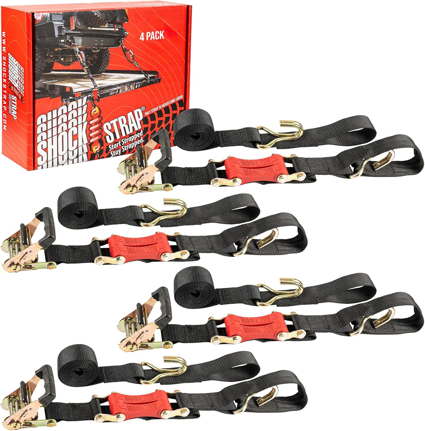 SHOCKSTRAP Ratchet Strap, 18’ x 2” Shock Absorbing Heavy Duty Tie downs for Cargo, 2,000 LB WLL / 6,000 LB Break Strength, 4-Pack
