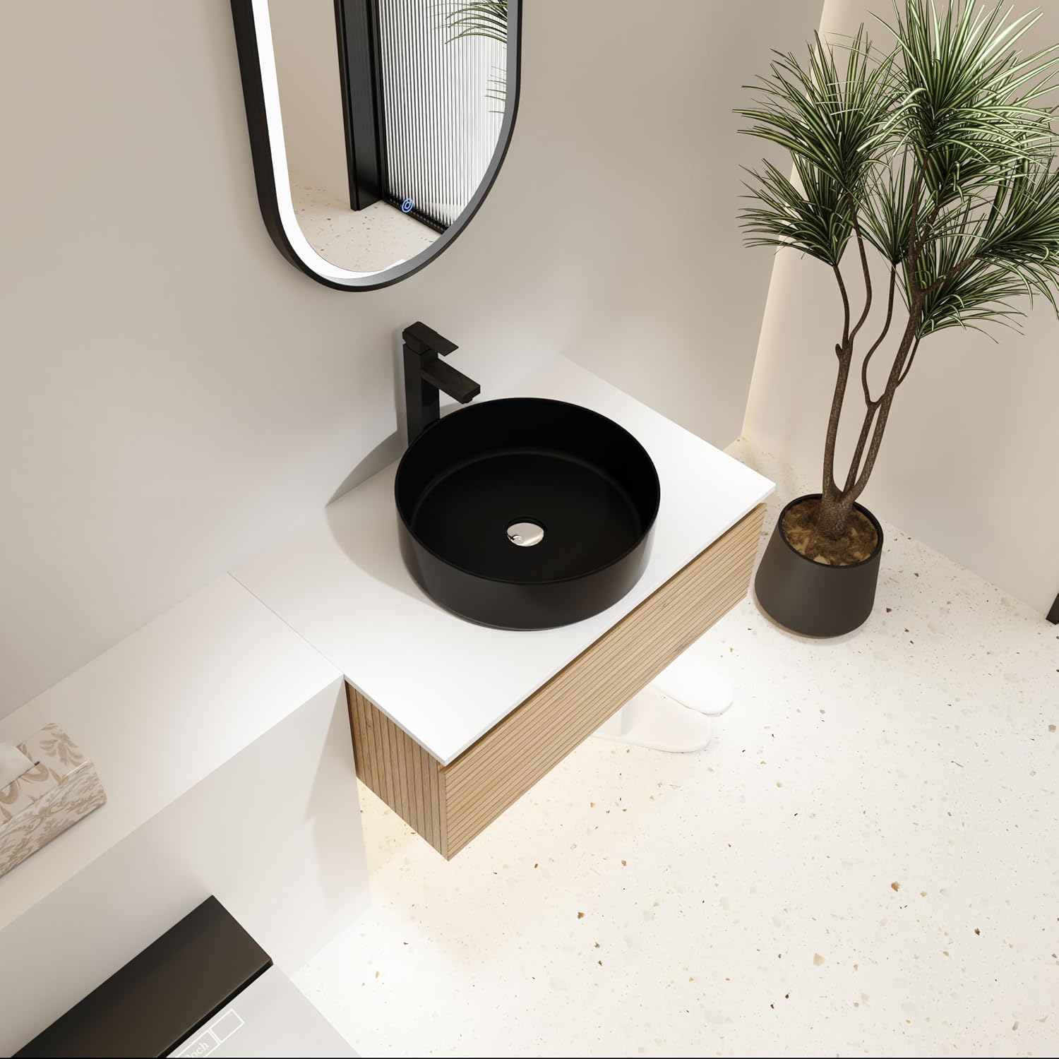 30 Inch Floating Bathroom Vanity with 1 Soft-Close Drawer, Engineered Wood Cabinet, Black Art Ceramic Sink, Wall Mounted, Oak