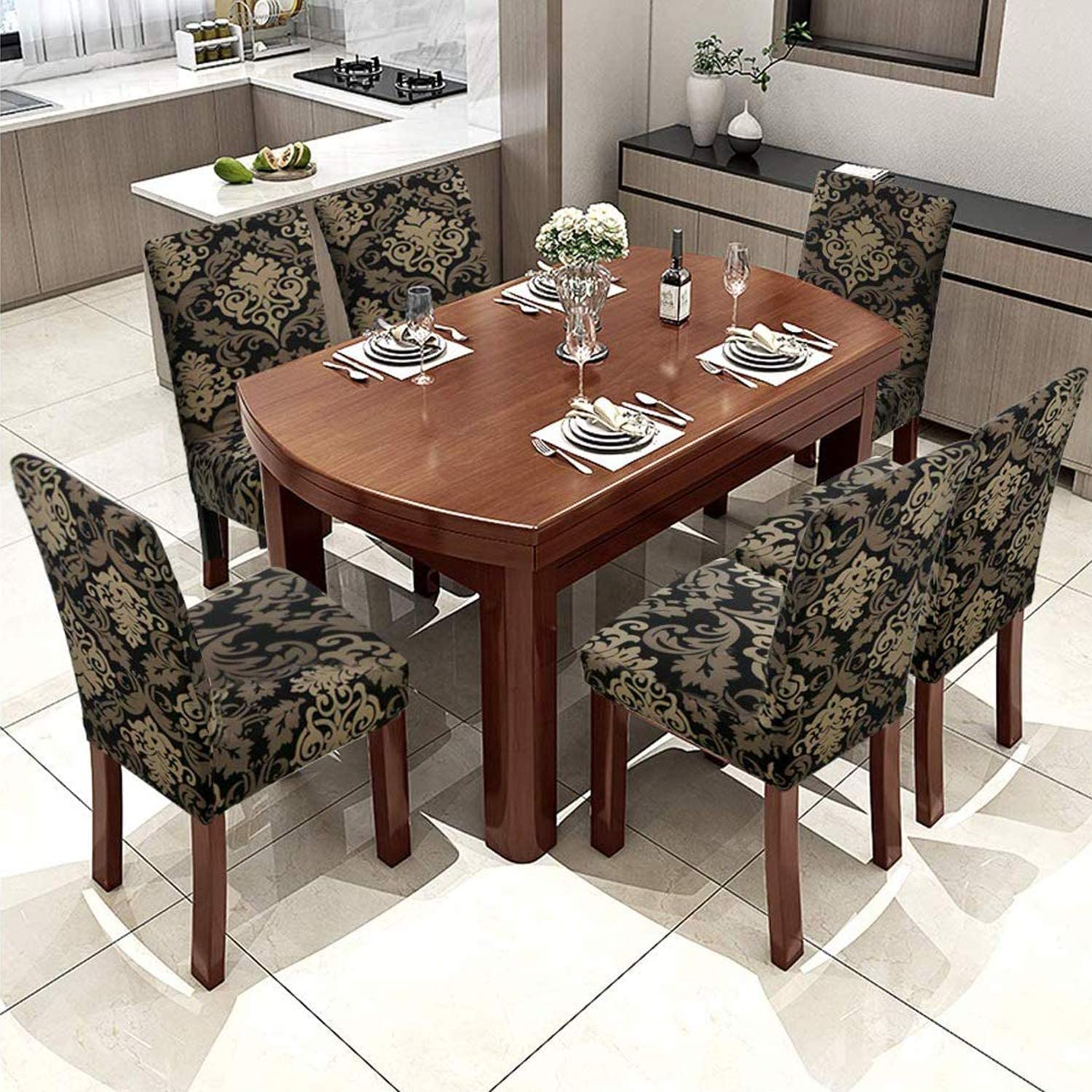 Quirk Elastic Chair Covers - Black & Brown Motif (Pack of 6) -4