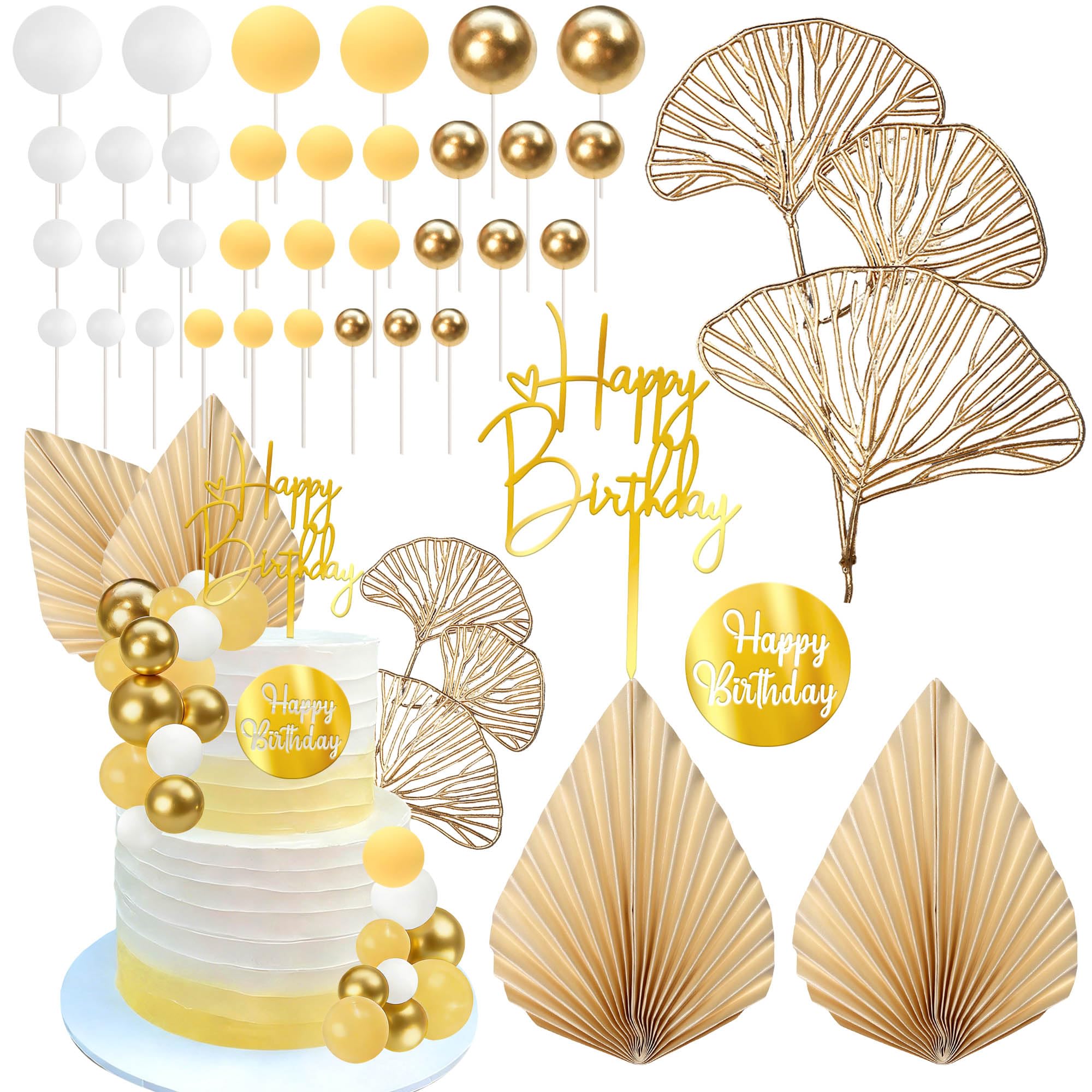 25 Stück DIY Kugel Kuchen Dekoration Boho Ginkgoblatt Tortendeko Acryl Happy Birthday Cake Topoper Gold Ventilator Kuchen Deko für Hochzeit Jahrestag Geburtstag Party Gold