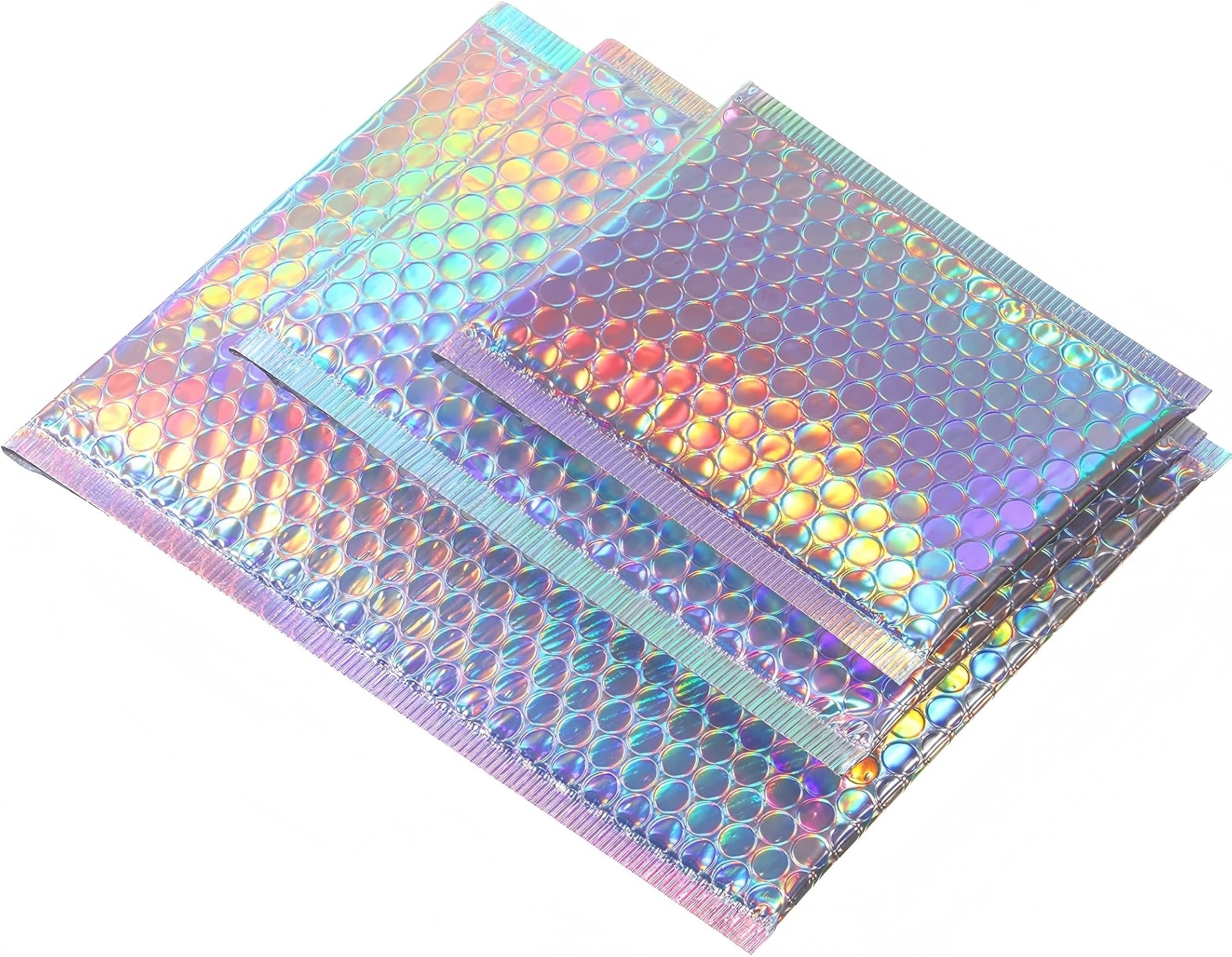 50 piezas metálicas acolchadas de burbujas para envío, sobres holográficos, sobres acolchados con purpurina, cierre adhesivo, bolsas de envío, 3 tamaños