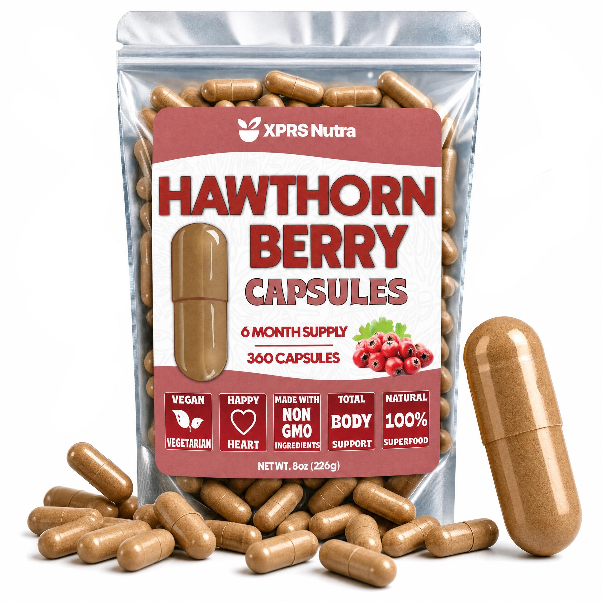 XPRS Nutra Hawthorn Berry Capsules - 360 Count (6 Month Supply) of Premium Hawthorne Berry Capsules for Cardiovascular Support - Vegan Friendly Hearth Health Supplement