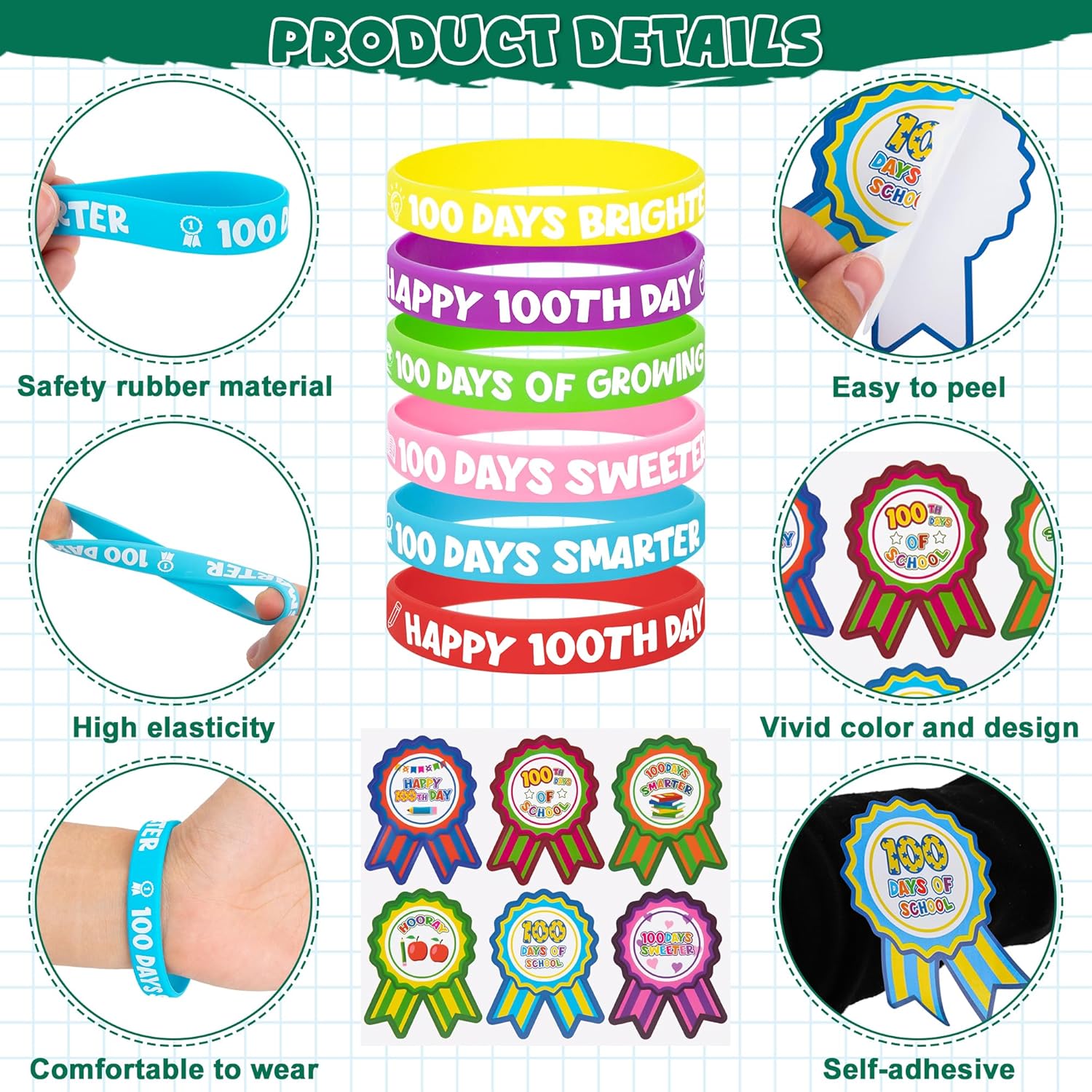 210 Pieces 100th Day of School Stuff, 30 Sets Happy 100th Day of School Paper Glasses Crowns Hats Silicone Bracelets and 120 Pcs 100 Days of School Stickers for Kindergarten Celebrations Party Favors