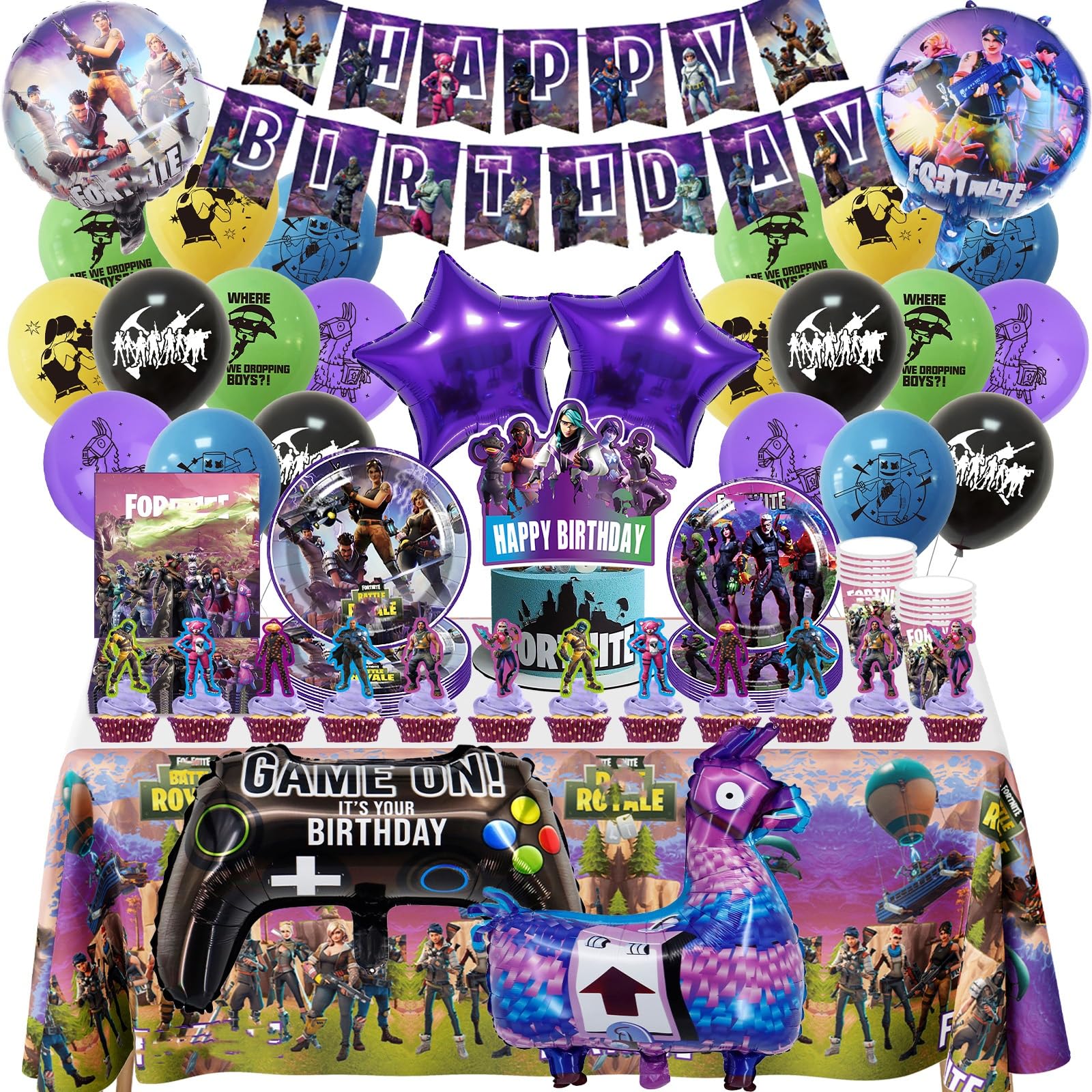 91PCS Party Birthday Decorations Boys-Game Tableware Set Foil Balloons Video Game Party Supplies Happy Birthday Banner Plates Napkins Cake Toppers Latex Balloons for Kids Gamers Lovers