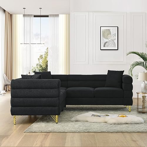 Miniatura 3 de Sofá cómodo de bouclé en forma de L, sofá seccional extragrande de 207 cm con diseño de asiento profundo, sofá de esquina tapizado con 3 almohadas,