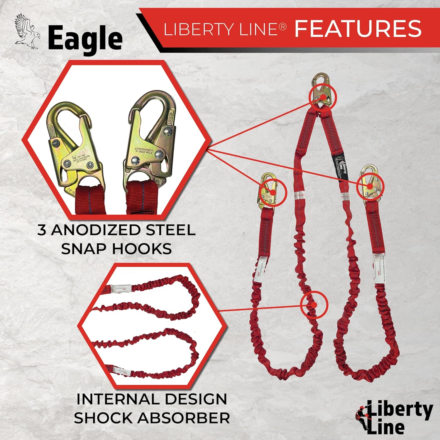 Liberty Line Eagle 6 Foot Twin Leg 100% tie-Off Internal Design Shock Absorbing Lanyard with snap Hooks (ANSI)
