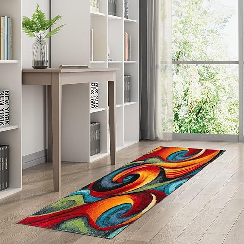 Miniatura 9 de GUBIYU Alfombra abstracta moderna geométrica para dormitorio, sala de estar, alfombra con remolinos en rojo, turquesa y naranja, alfombra