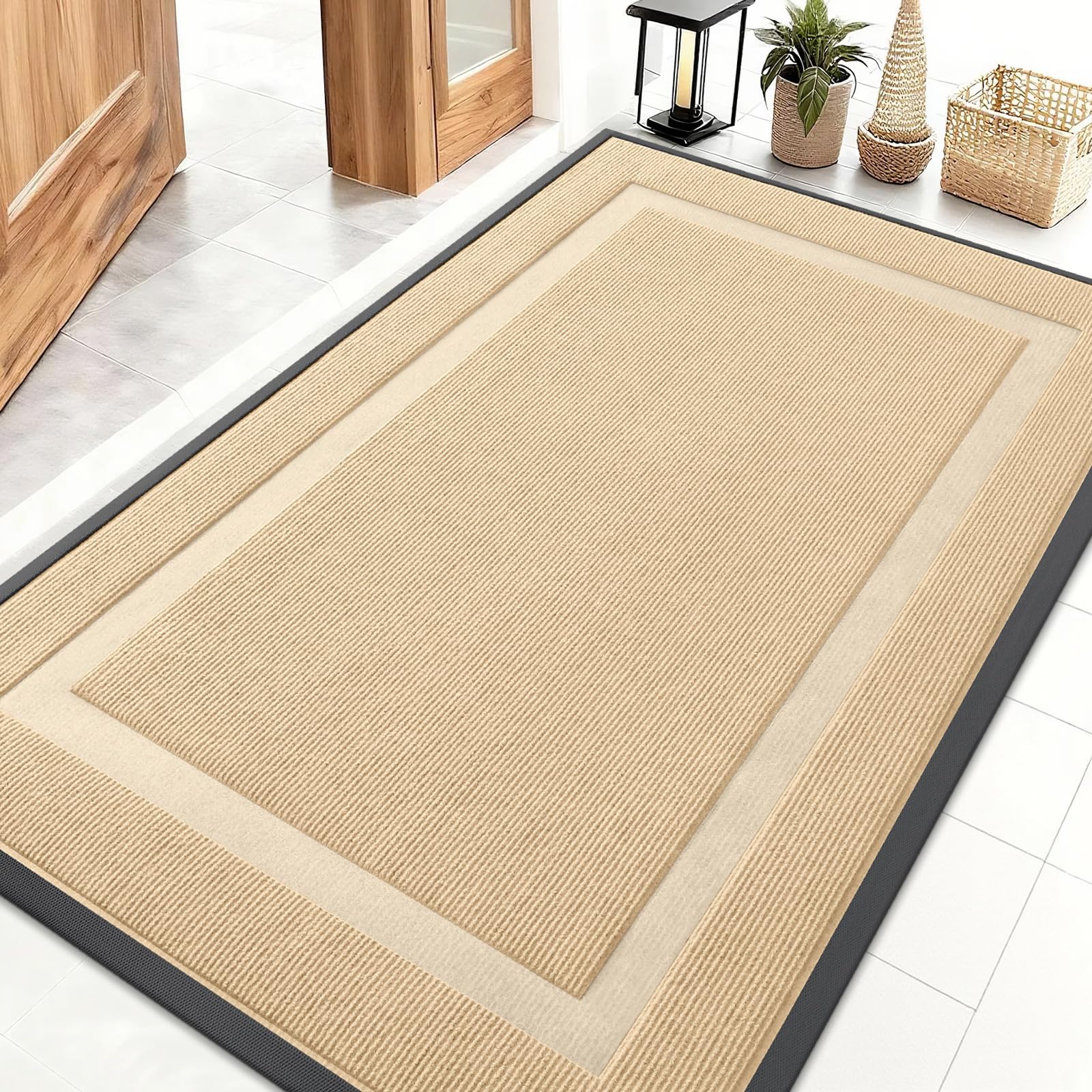 OLANLY Front Door Mat Indoor Outdoor Entrance, Waterproof All-Season, All-Weather Doormat, Sturdy Natural Rubber, Fade Resistant, Low Profile, Easy Clean Patio Porch Entryway Mat, 47x32, Beige