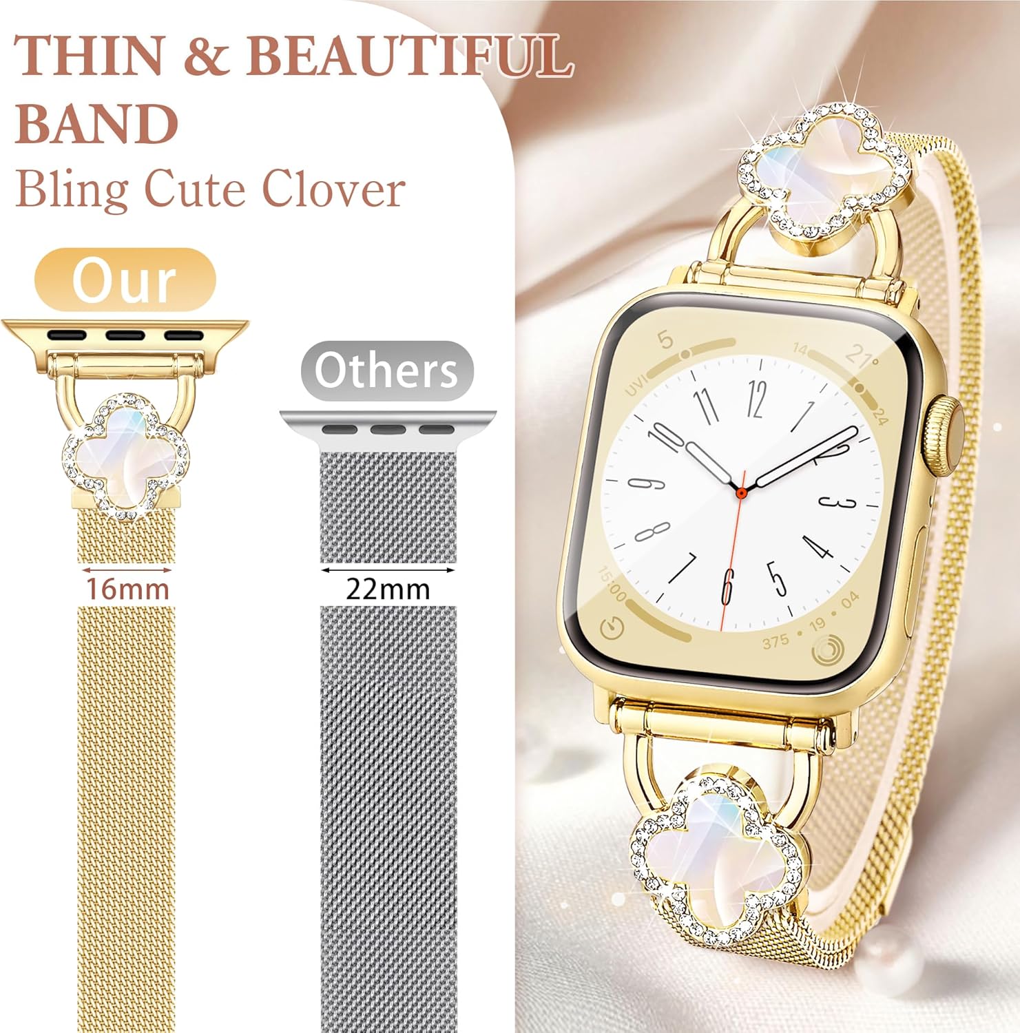 wipalor Thin Clover Magnetic Band for Apple Watch Bands for Women 42mm 41mm 40mm 38mm, Slim Cute Bling Sparkly Metal Milanese iWatch Bands for iPhone Watch Series 11 10 9 8 7 6 5 4 3 SE-Gold - Image 3